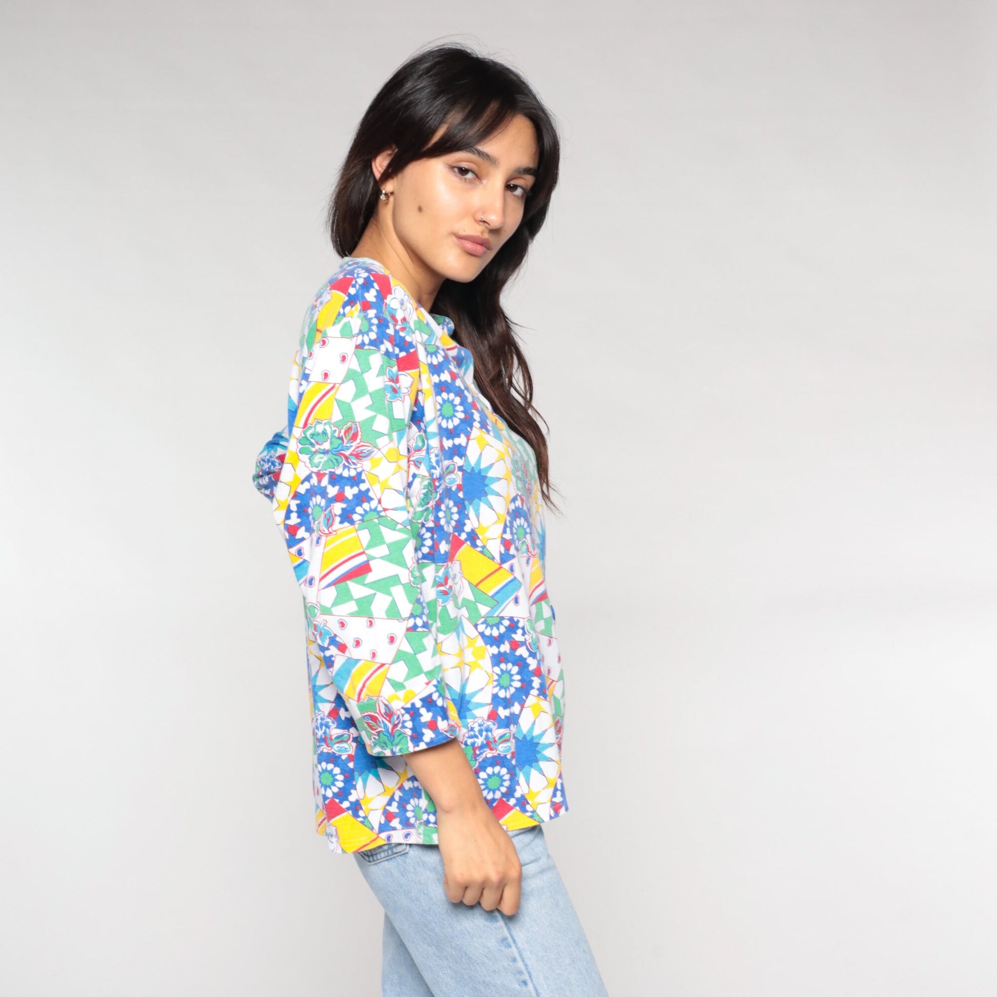 90s Abstract Floral Print Blouse Colorful Psychedelic 3/4 Sleeve White Large L