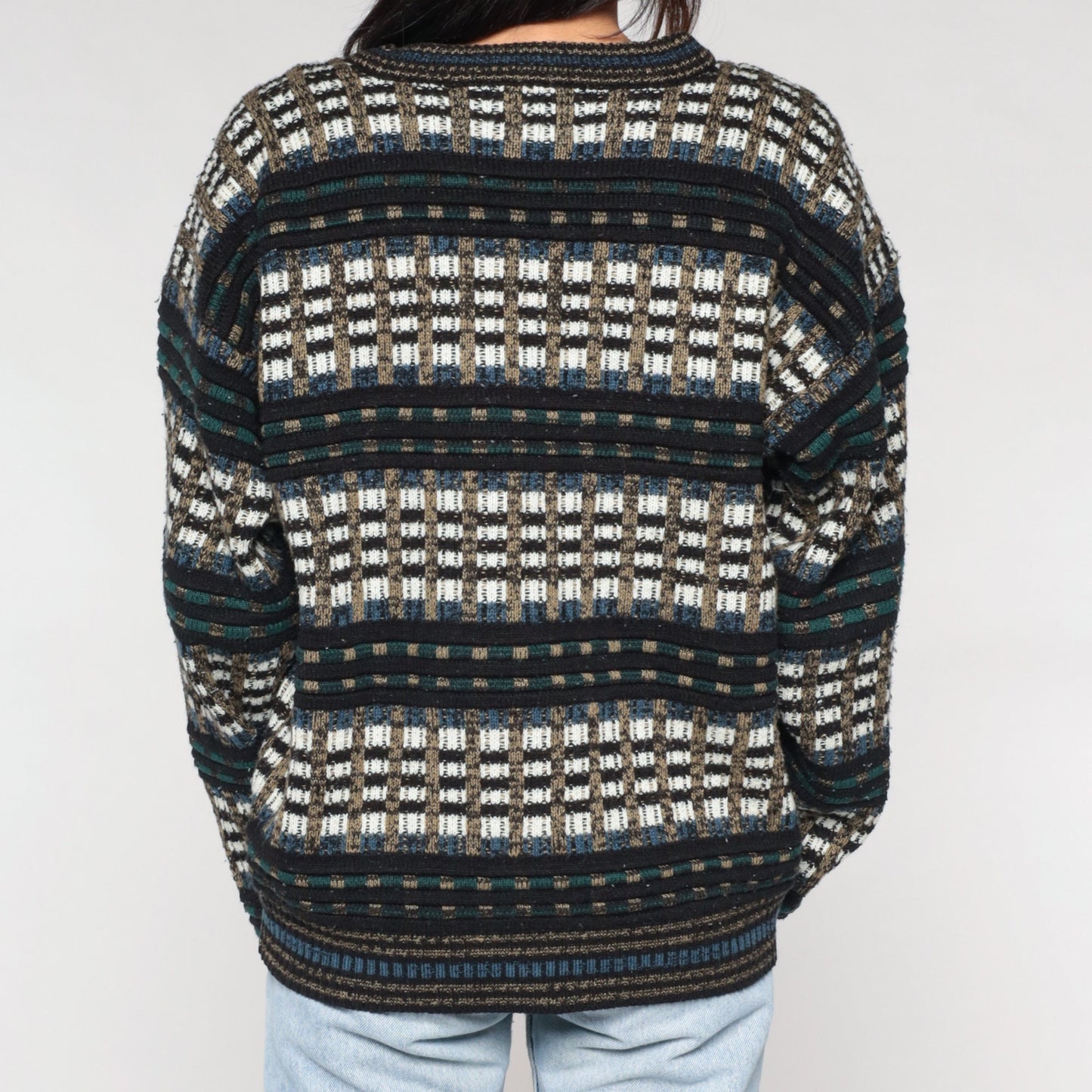 90s Checkered Cardigan Button-Up Knit Sweater Multicolor Large