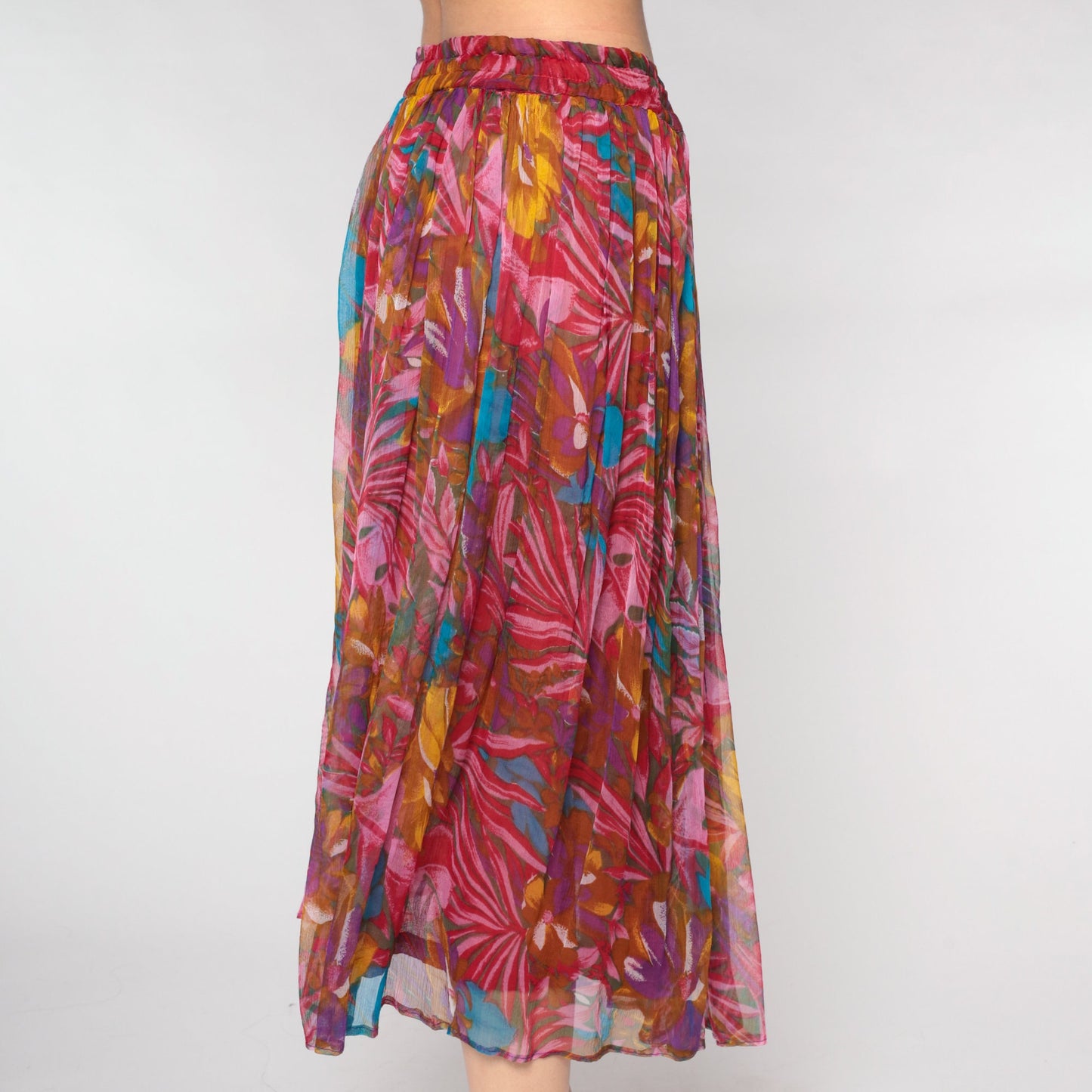 90s Red Floral Broomstick Midi Skirt Drawstring Waist Medium M