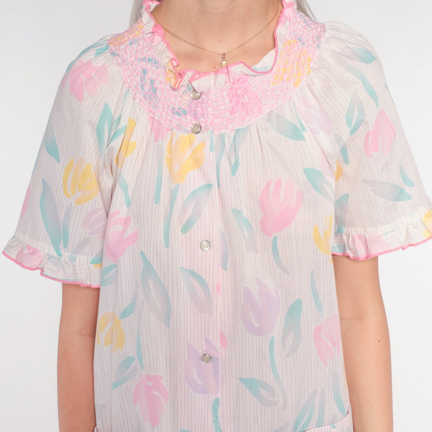 80s Floral Smocked Nightgown White Button-Up Lounge Dress Medium