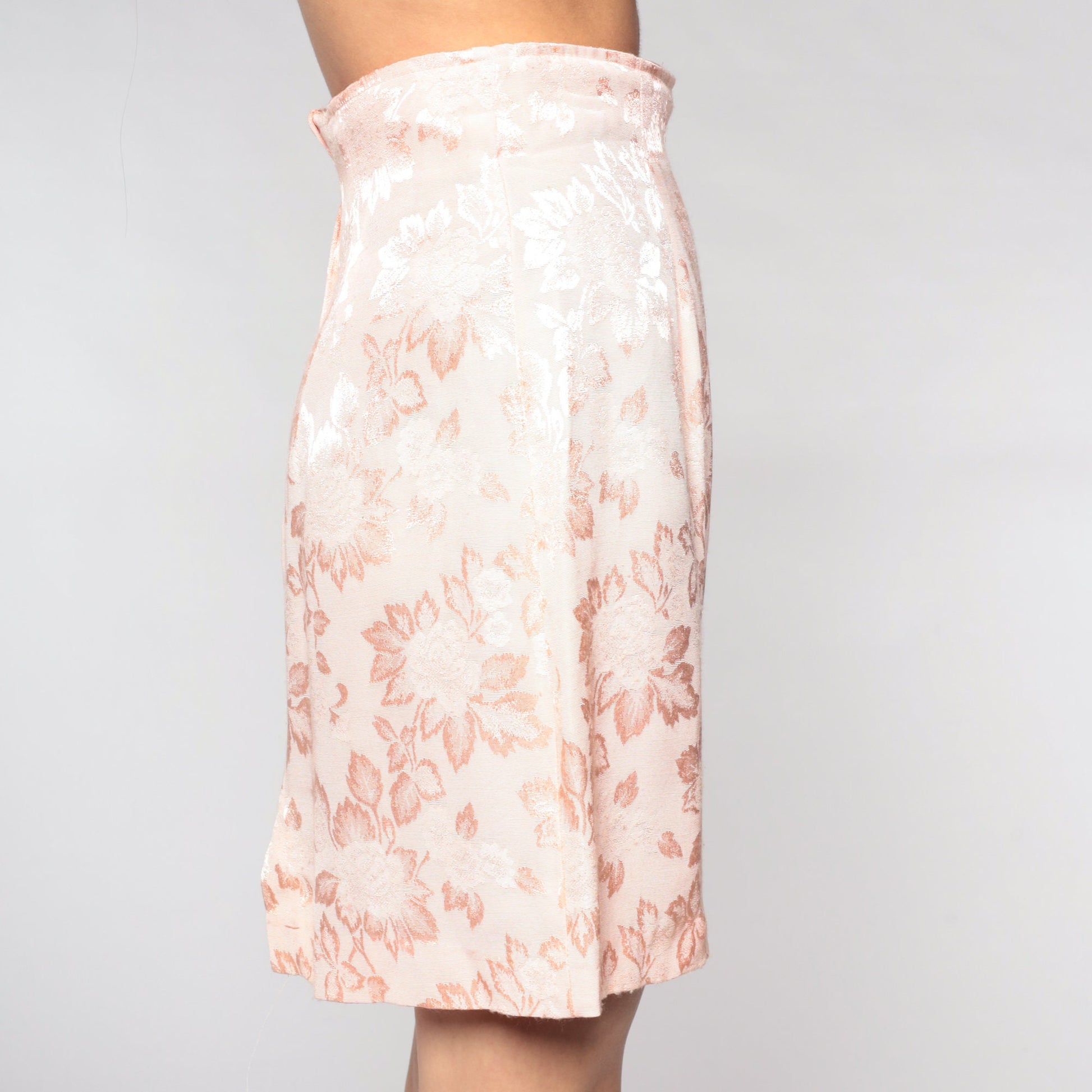 90s Light Pink Embossed Floral Pencil Mini Skirt High Waisted Slit Small