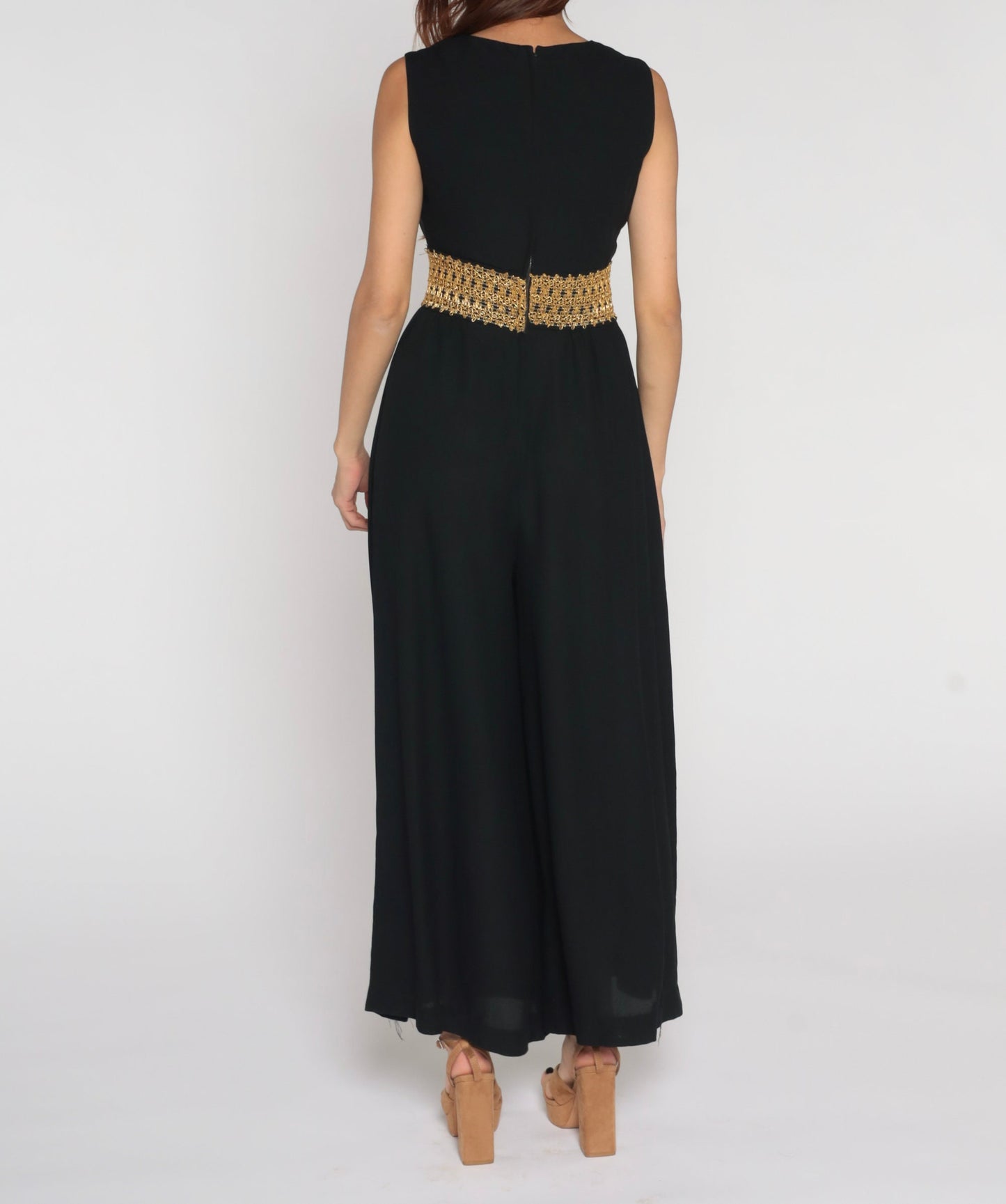70s Black Jumpsuit Wide Leg Deep V Metallic Trim Sleeveless Small