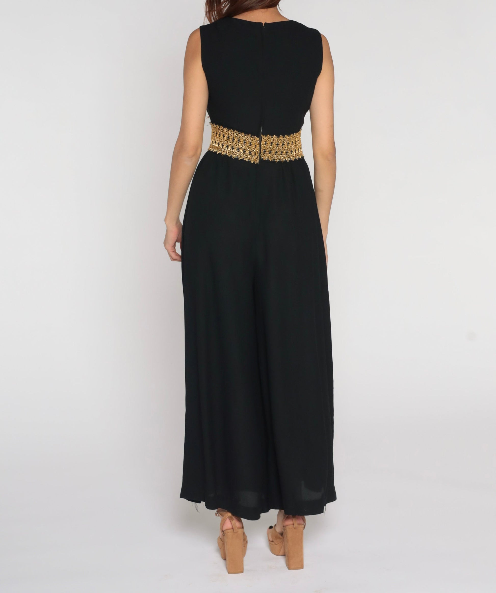 70s Black Jumpsuit Wide Leg Deep V Metallic Trim Sleeveless Small