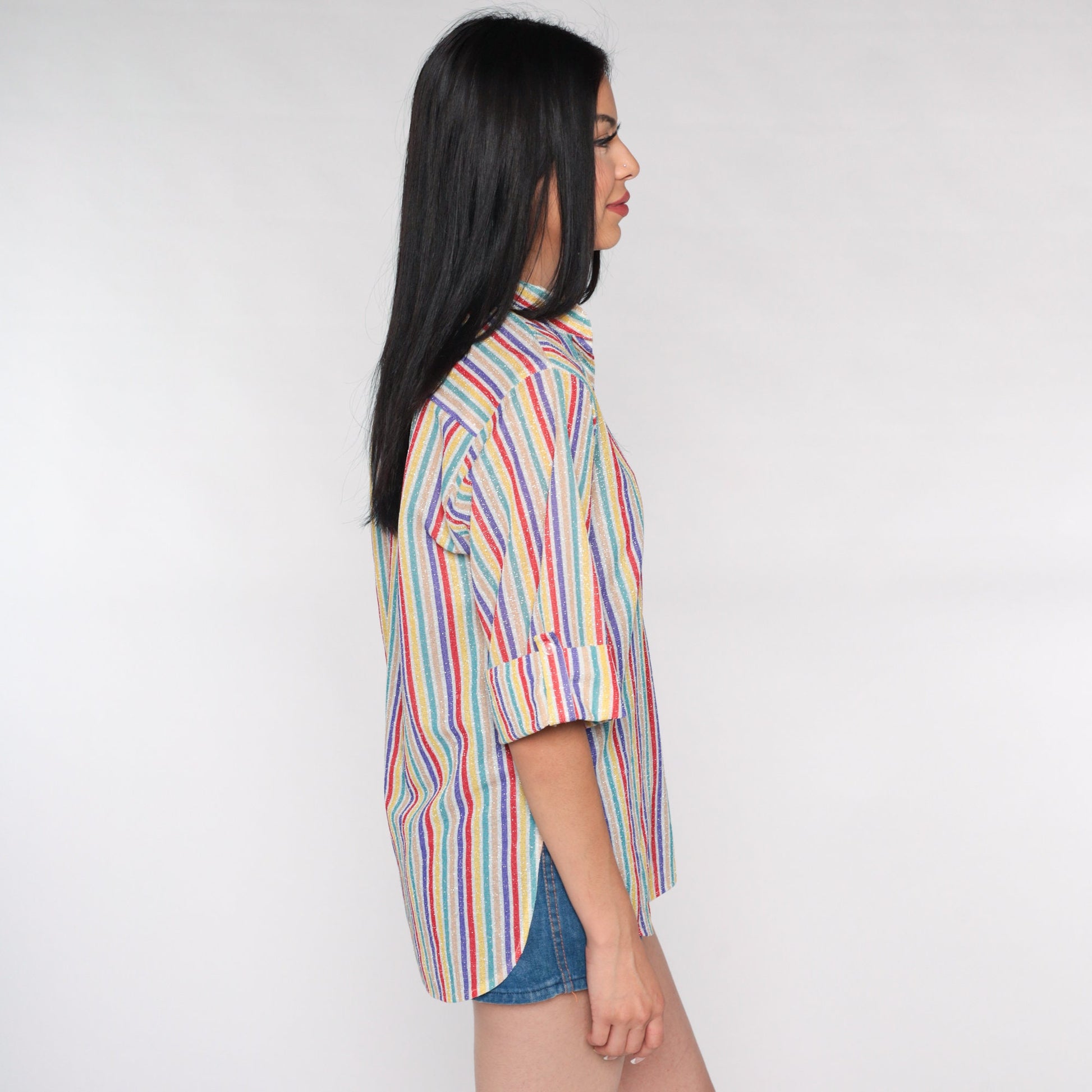 70s Metallic Rainbow Striped Button-Up Blouse 3/4 Sleeve Medium