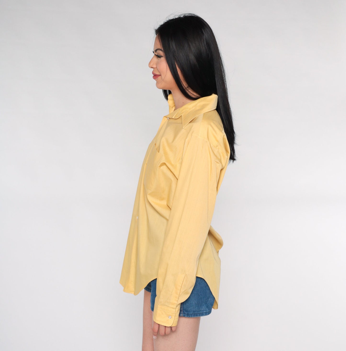 70s Yellow Dagger Collar Button-Up Shirt Long Sleeve Men's Medium