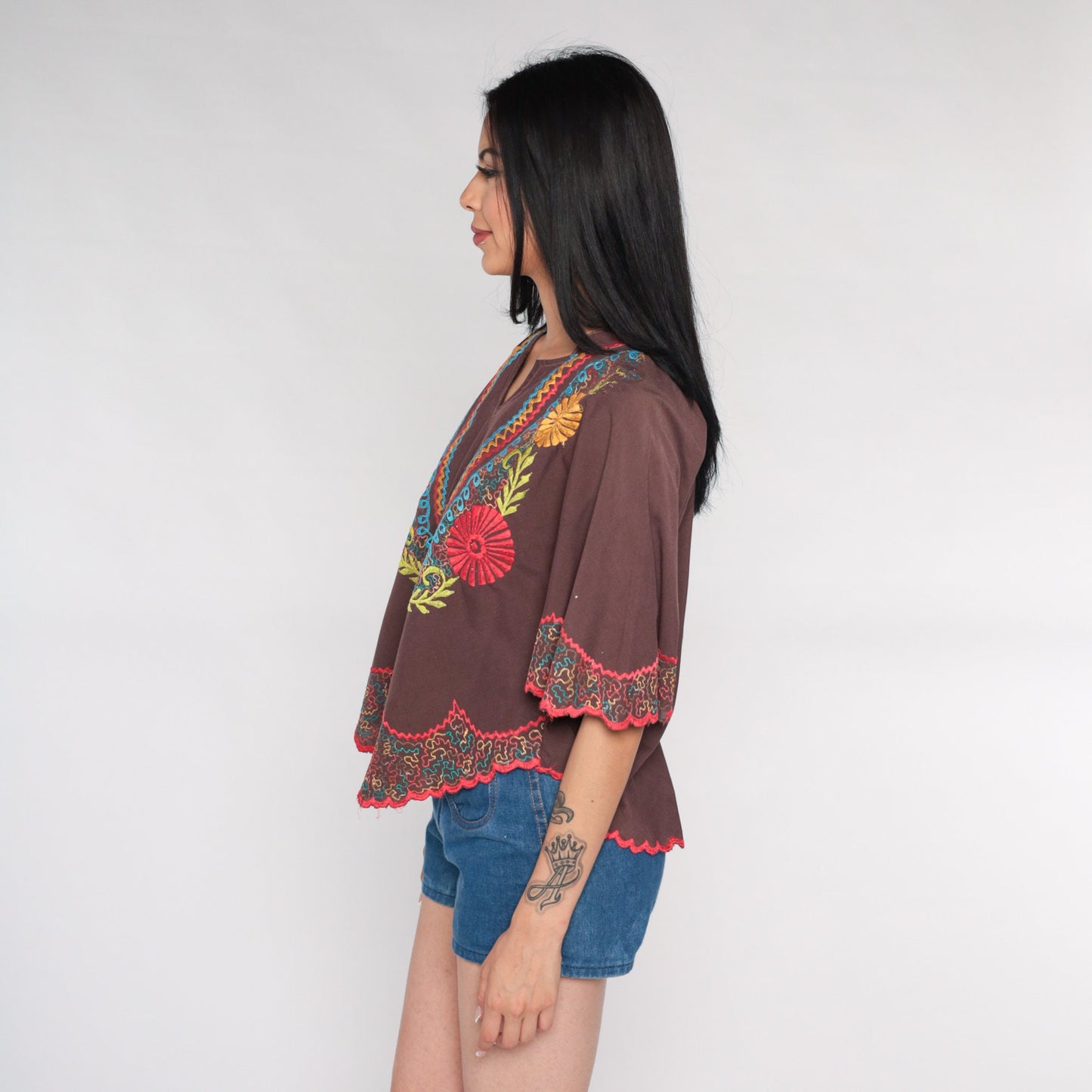 00s Embroidered Floral Bell Sleeve Tunic White Cotton Small