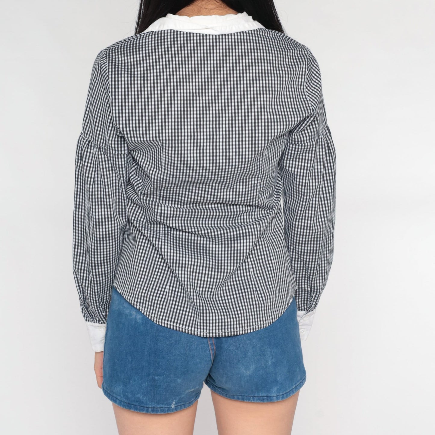 80s Black White Gingham Button-Up Blouse Bow Chest Long Sleeve Small S