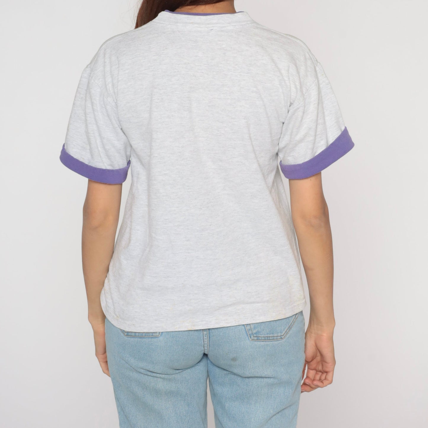 90s Maui Tropical Fish Graphic T-Shirt Grey Purple Cuffed Sleeve Medium