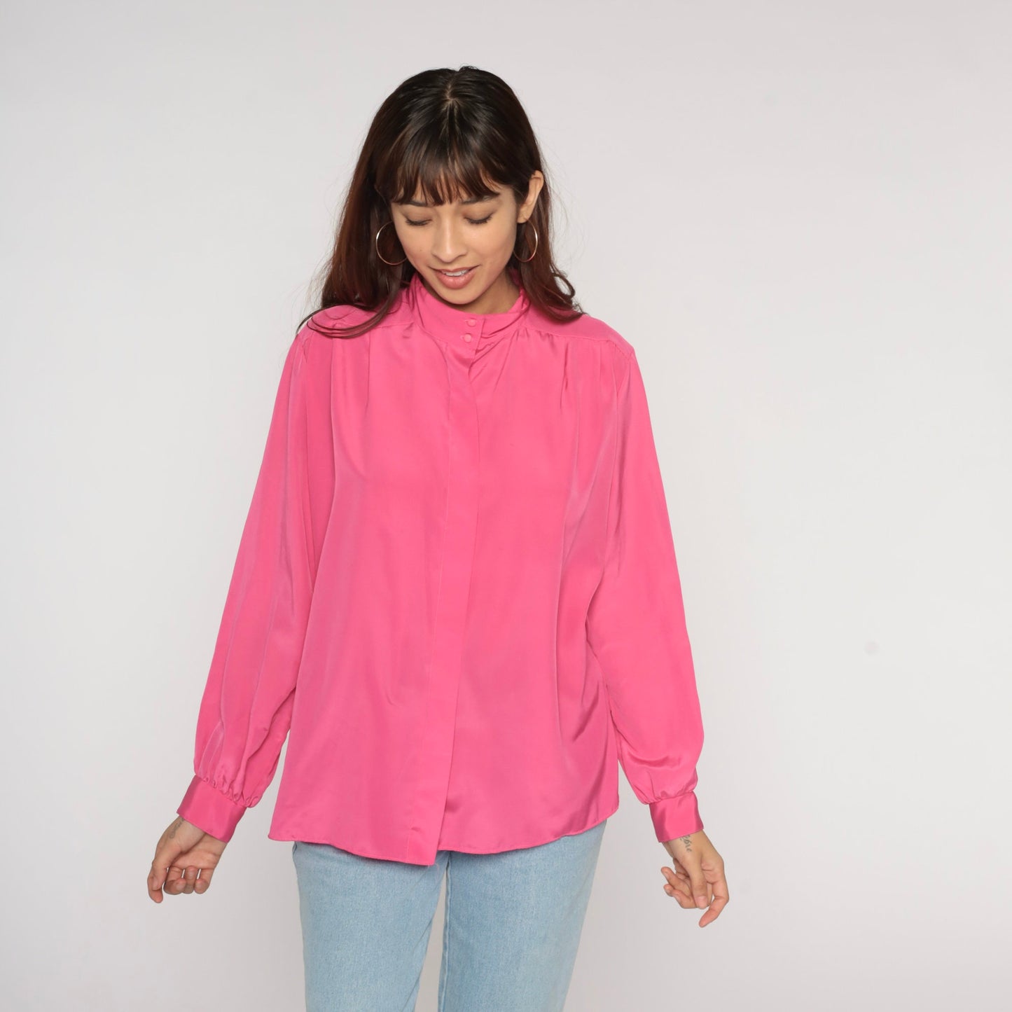 90s Hot Pink Balloon Sleeve Button-Up Blouse Large L