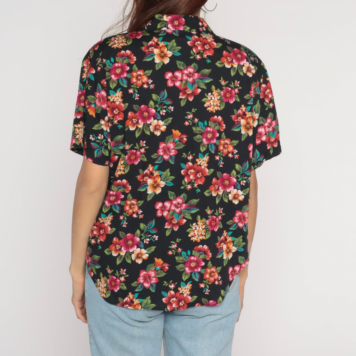 Y2K Black Floral Button-Up Blouse Short Sleeve Collared Shirt Medium M