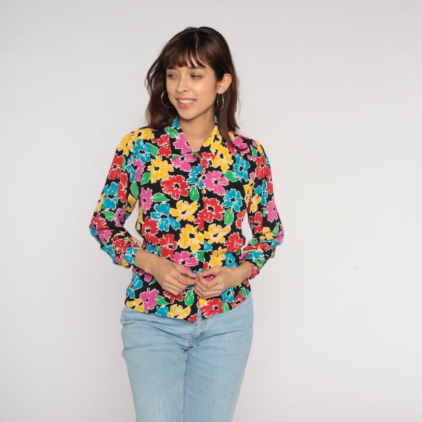 90s Liz Claiborne Floral Button Up Blouse Black Colorful Print Long Sleeve Small