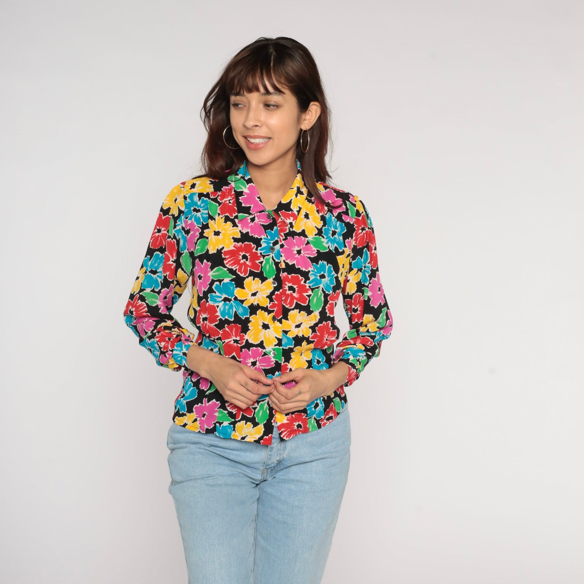 90s Liz Claiborne Floral Button Up Blouse Black Colorful Print Long Sleeve Small