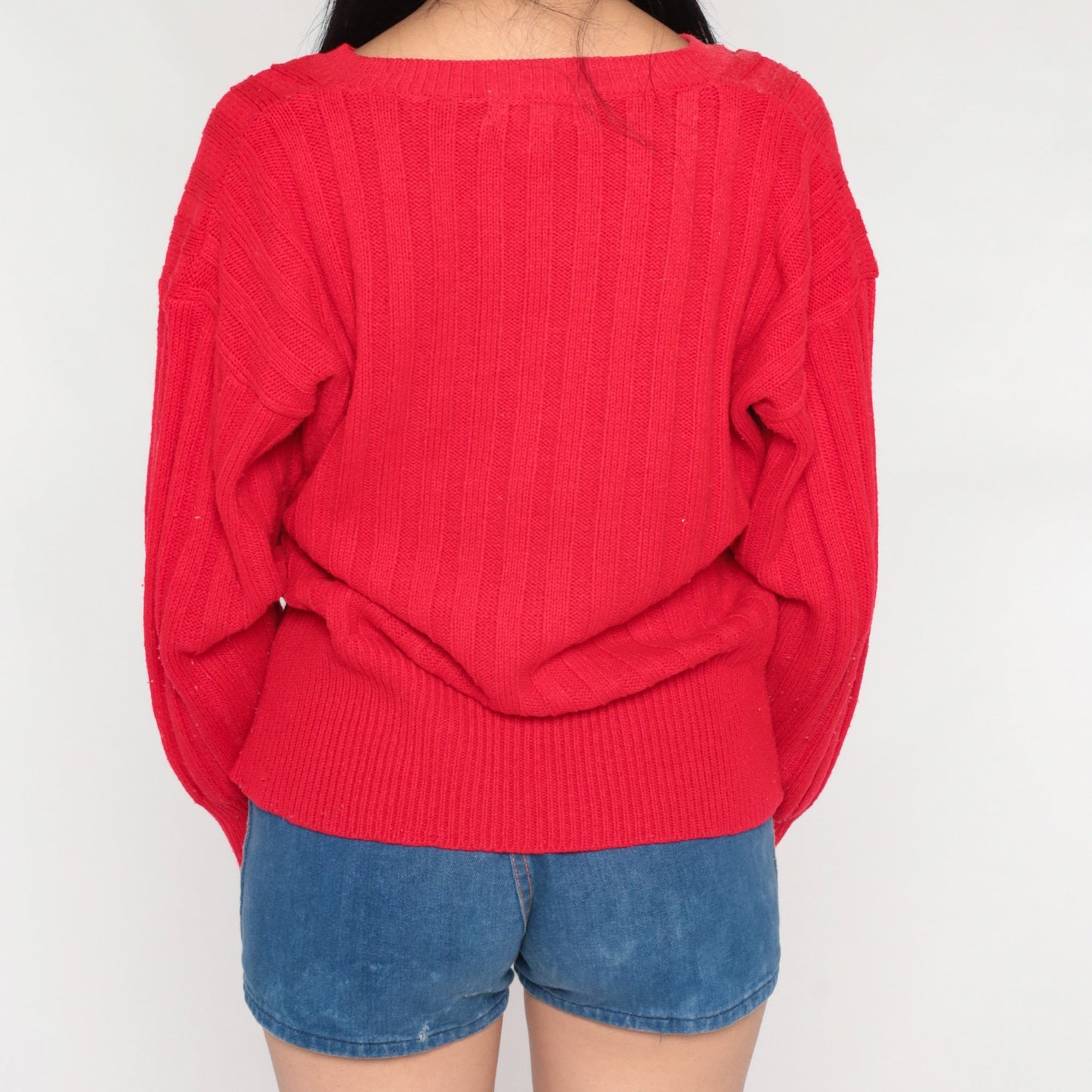 80s Red Acrylic Knit V-Neck Pullover Sweater Large