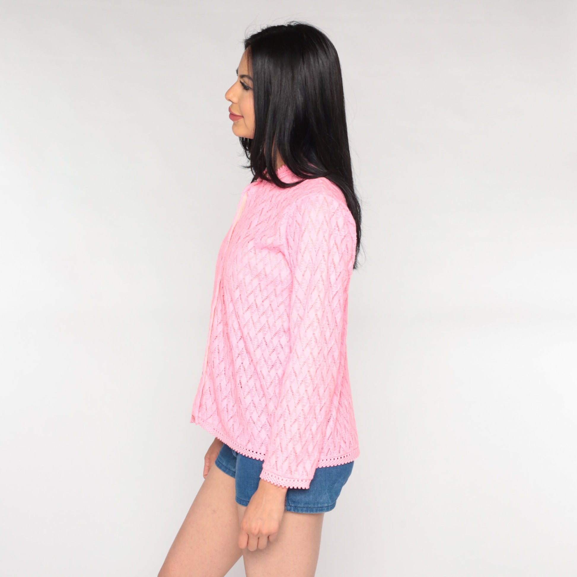 70s Hot Pink Pointelle Cardigan Open Weave Knit Sweater Medium