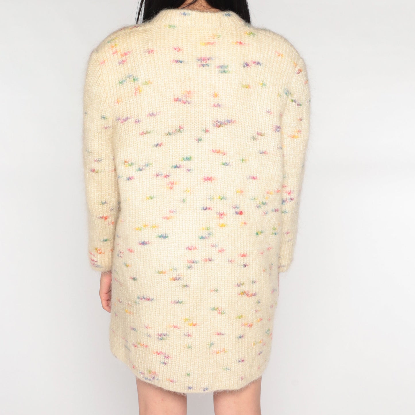 80s Cream Mohair Cardigan Sweater Rainbow Flecks Long Button-Up Medium