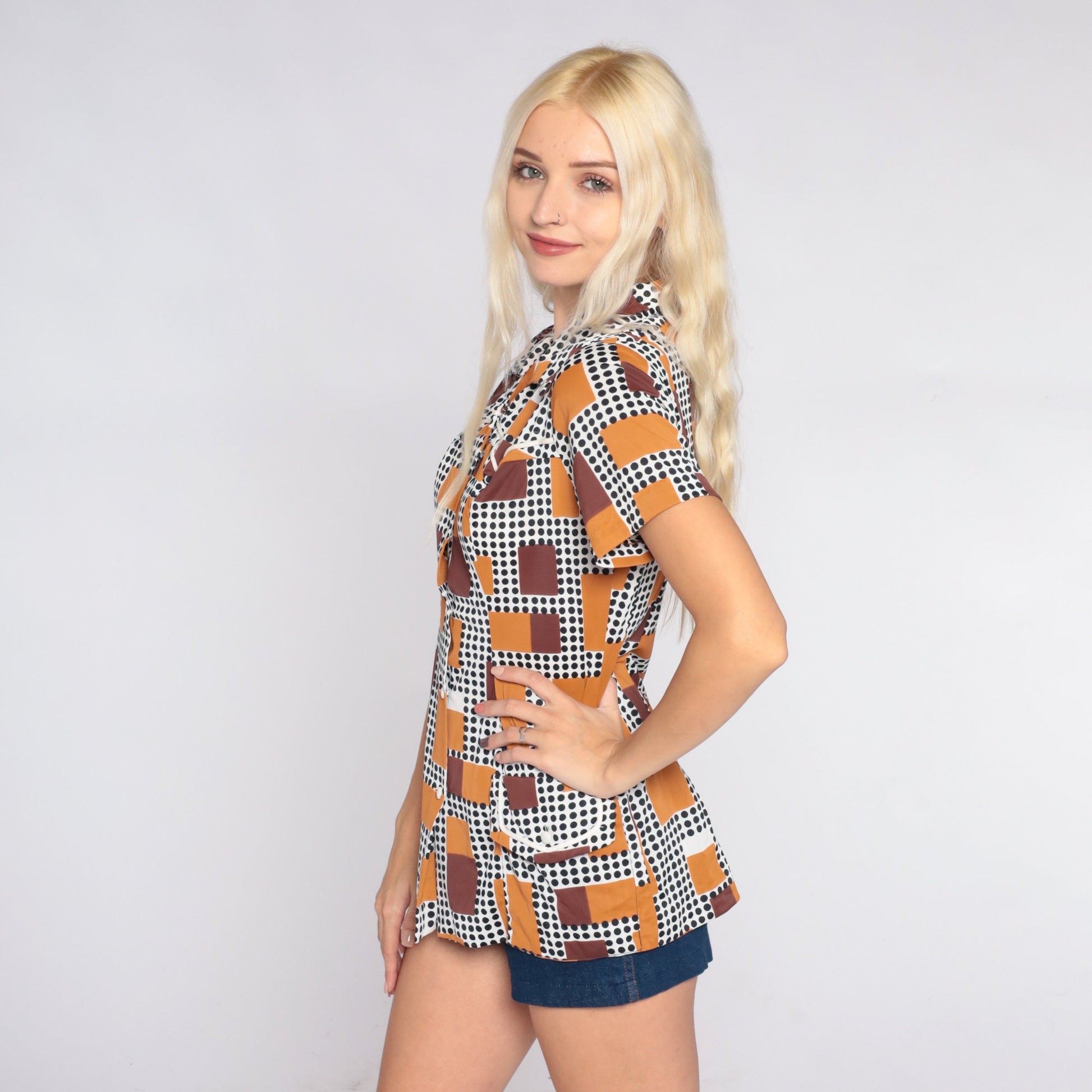 70s Geometric Dot Square Print Button-Up Blouse Black White Brown Small