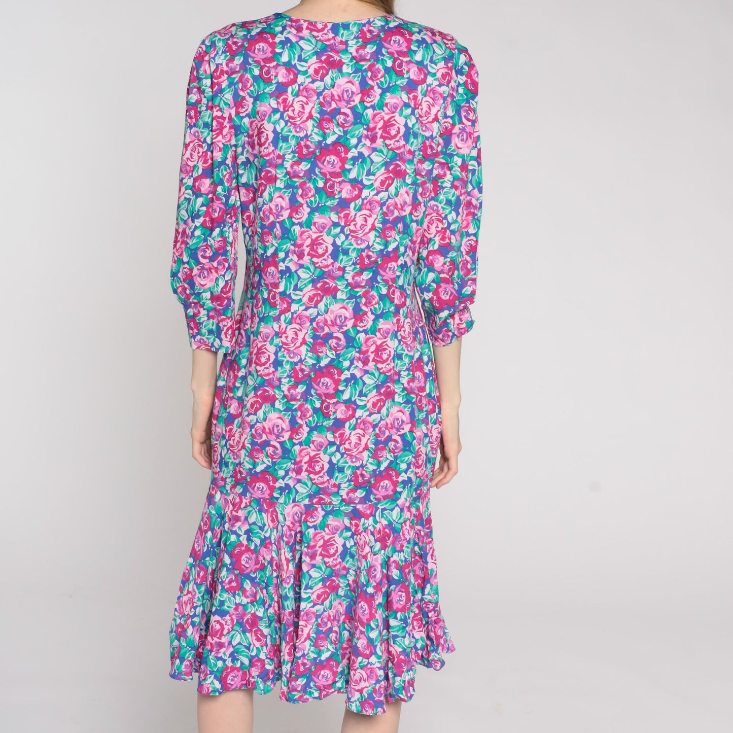 90s Floral Midi Dress Pink Rose Print Button-Up Long Sleeve Drop Waist Small