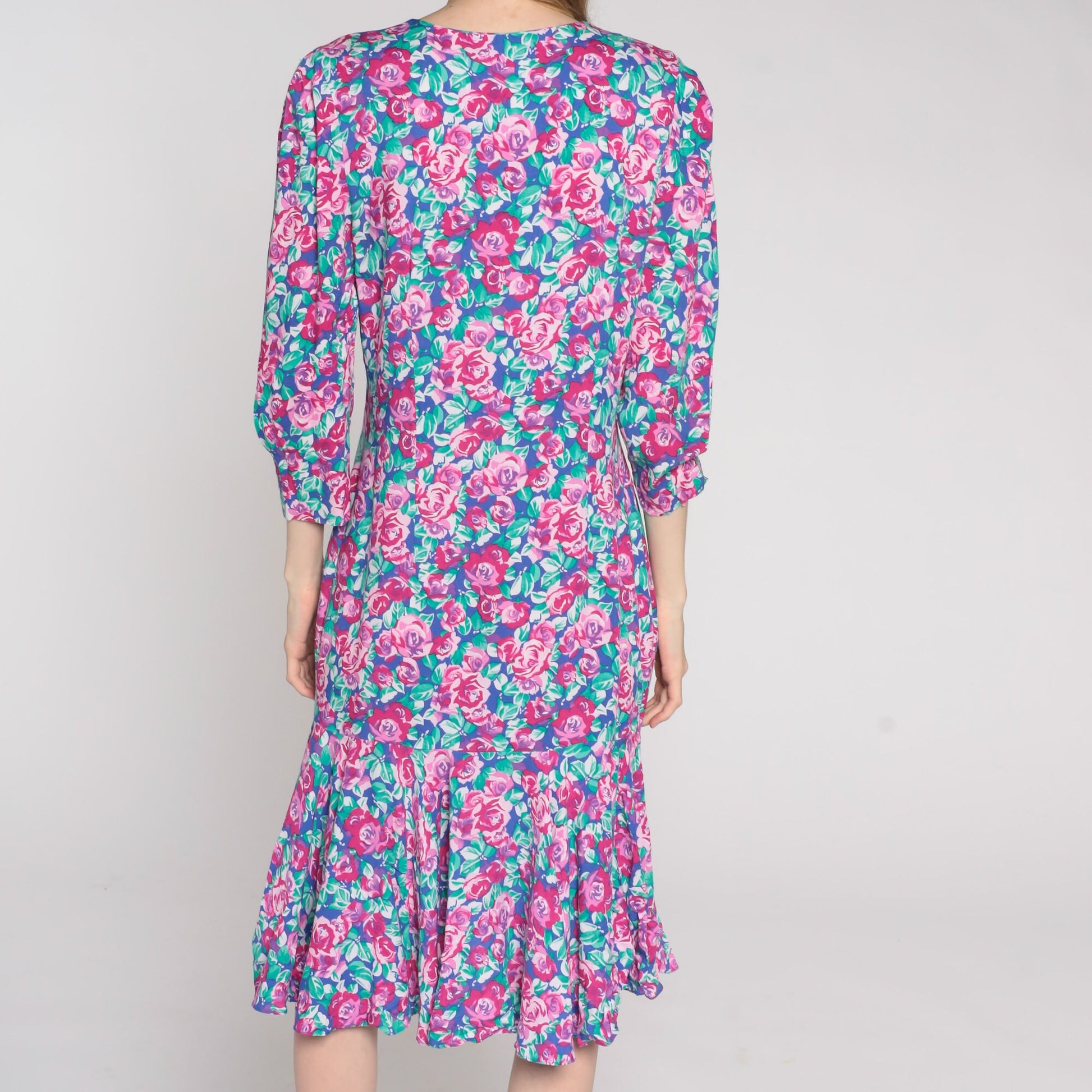 90s Floral Midi Dress Pink Rose Print Button-Up Long Sleeve Drop Waist Small