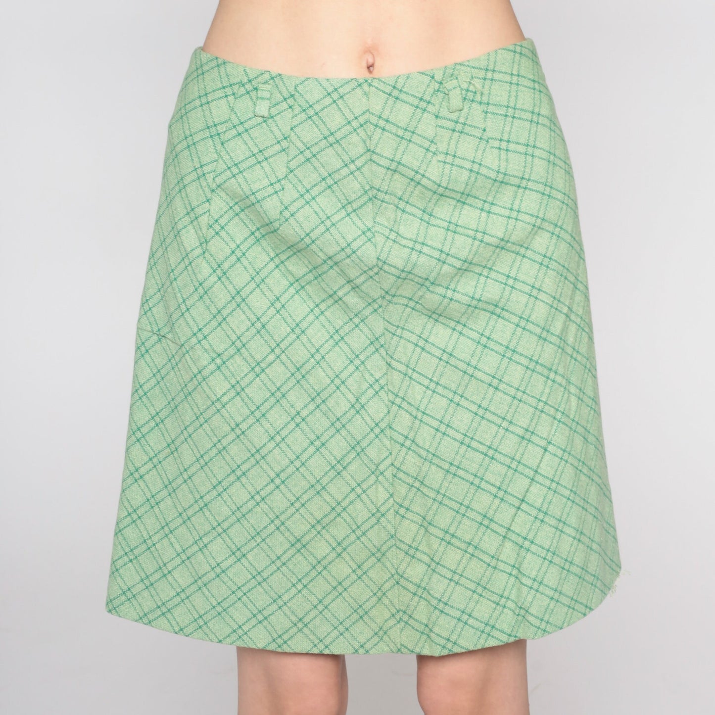 60s Green Checkered Mini Skirt High Waist Pencil Cut Small