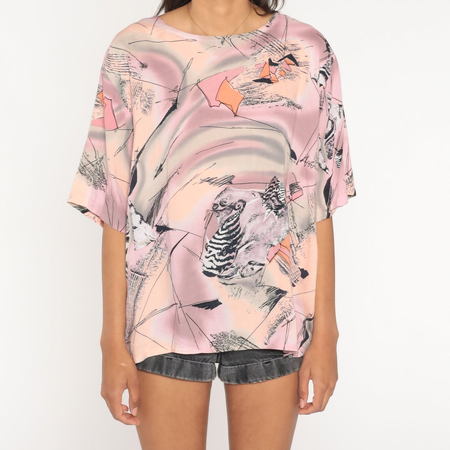 90s Tropical Fish Print Rayon Blouse Pink Purple Short Sleeve Large L