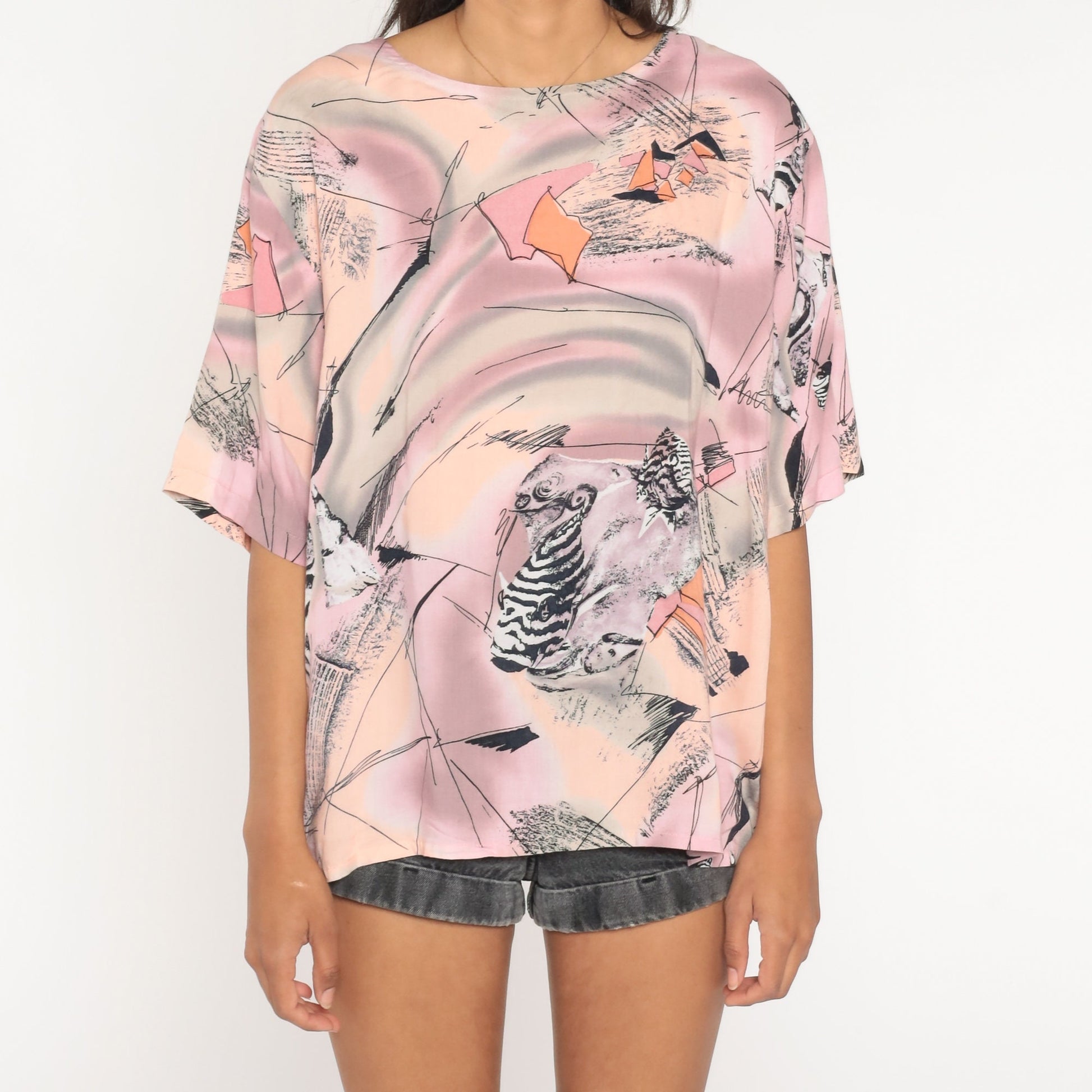 90s Tropical Fish Print Rayon Blouse Pink Purple Short Sleeve Large L