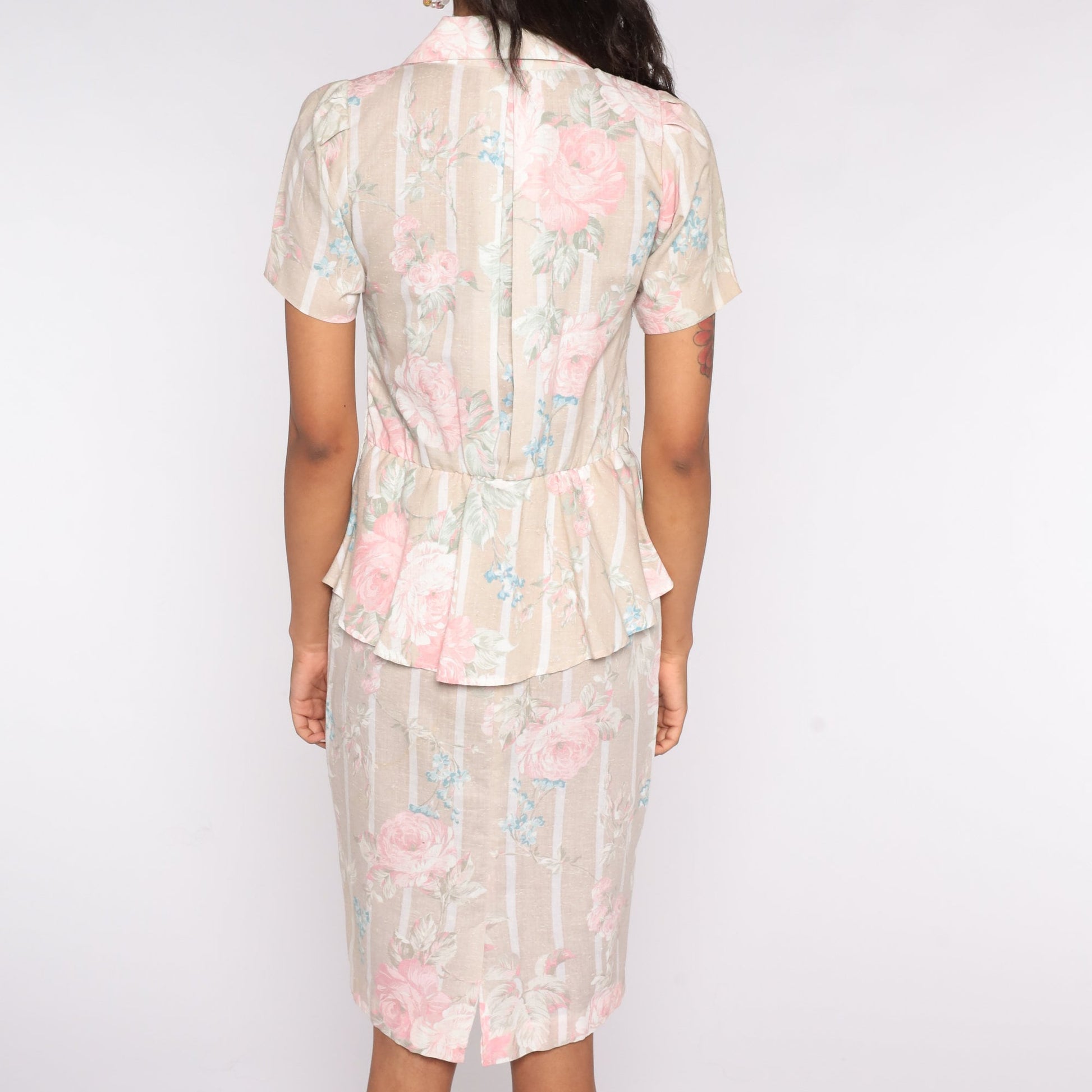 80s Floral Midi Shirtdress Beige Pink Peplum High Waist Button Up Small