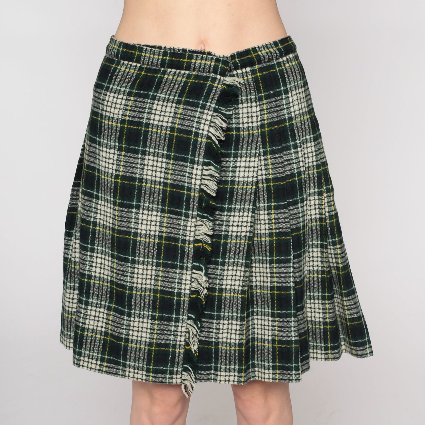 90s Plaid Wool Mini Skirt High Waist Wrap Navy Green White Small