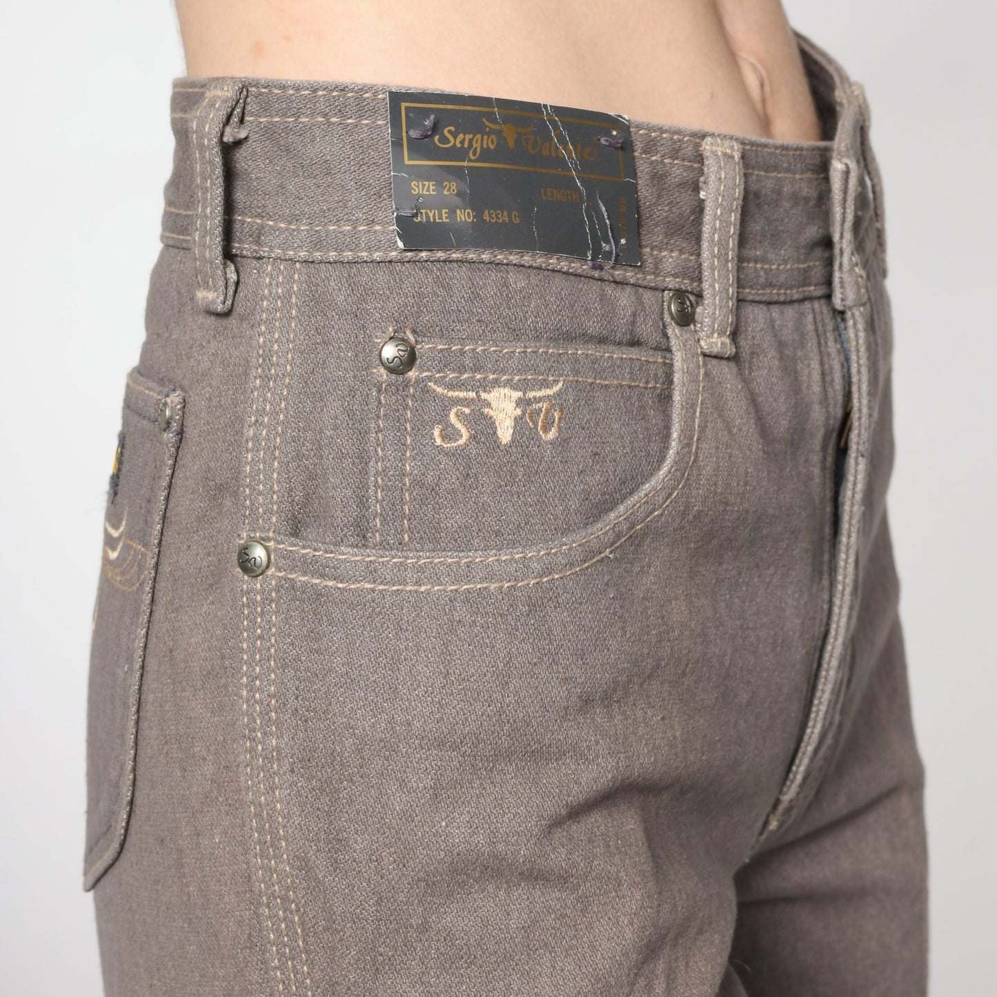 90s Sergio Valente Western Jeans Taupe High Waist Straight Leg Embroidered Steer Small