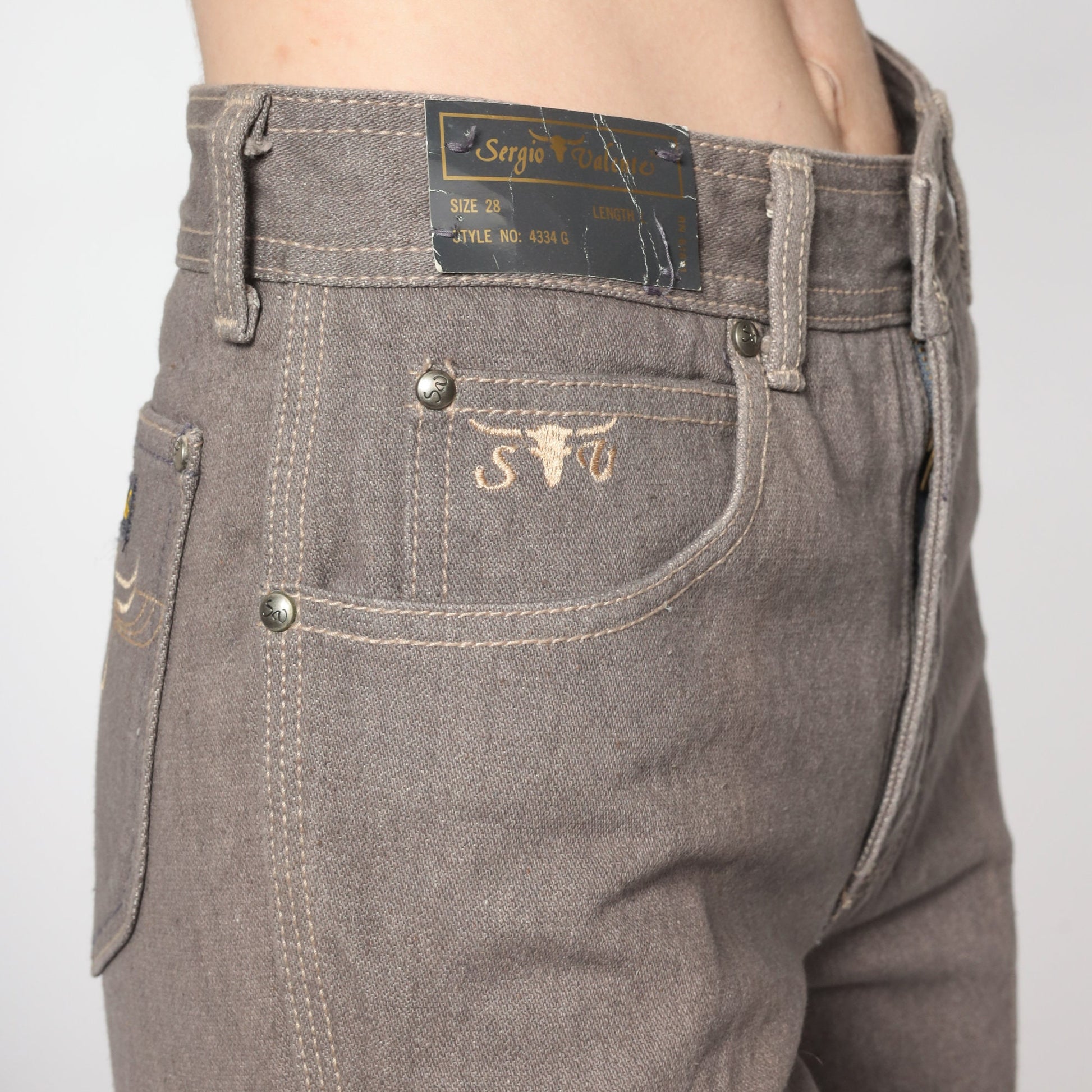 90s Sergio Valente Western Jeans Taupe High Waist Straight Leg Embroidered Steer Small