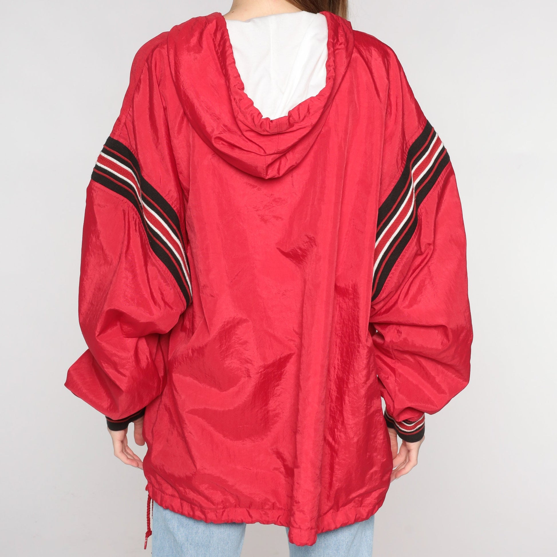 90s Champion Bulldogs Hooded Windbreaker Quarter Zip Red Black White XXL