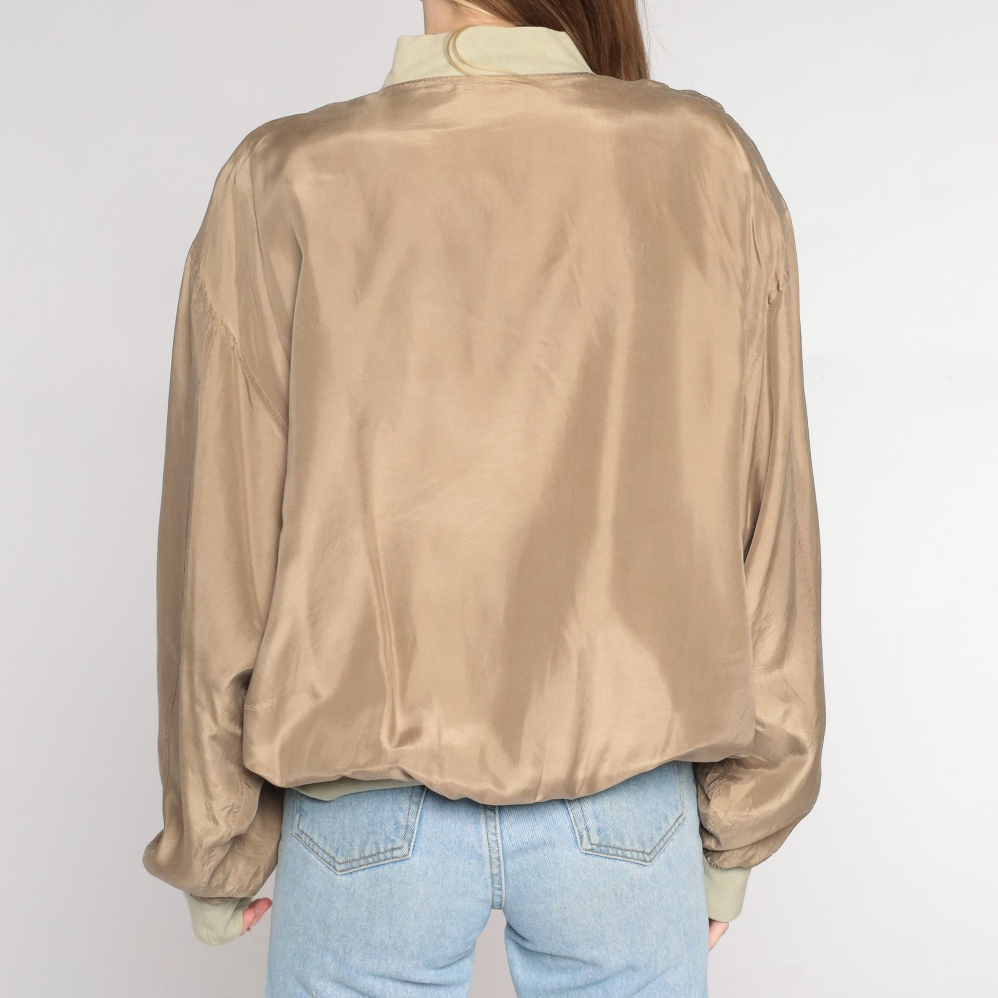 00s Brown Silk Bomber Jacket Zip-Up Windbreaker Medium M