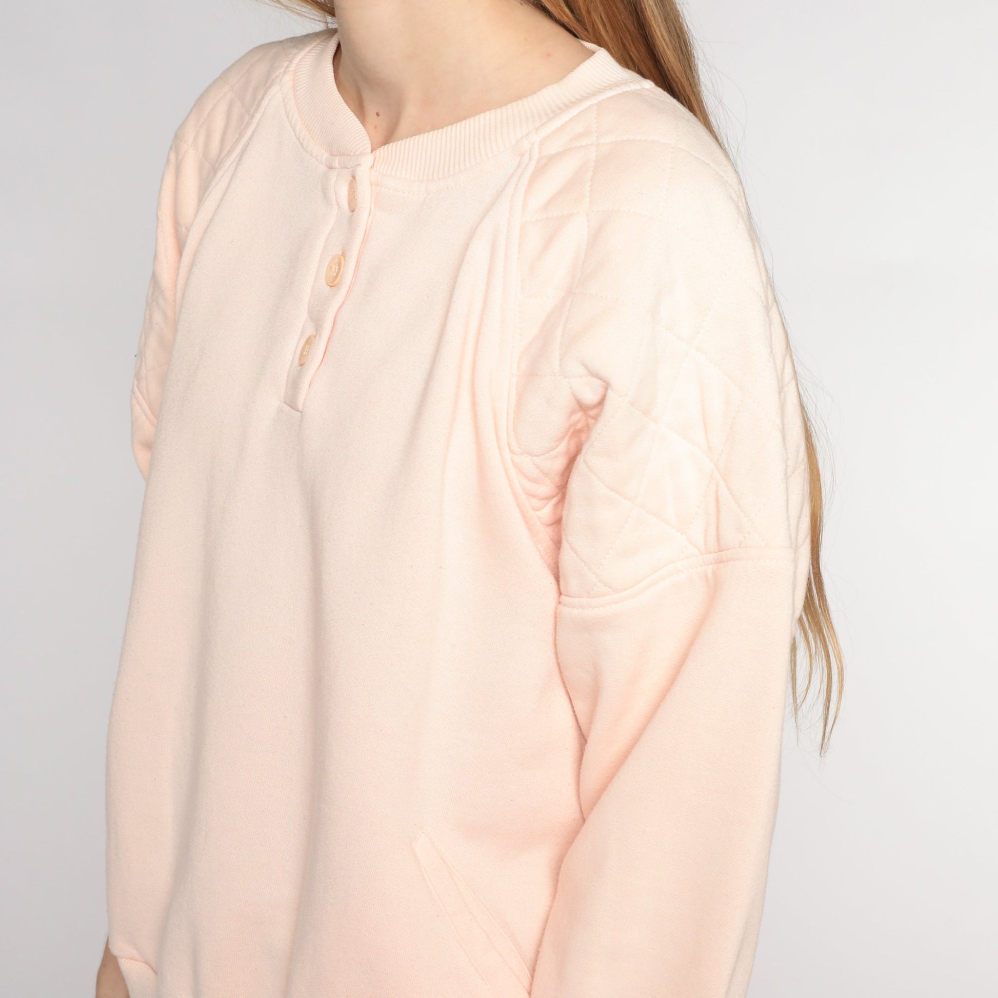 90s Light Pink Quilted Henley Sweatshirt Button Neck Long Sleeve Large L
