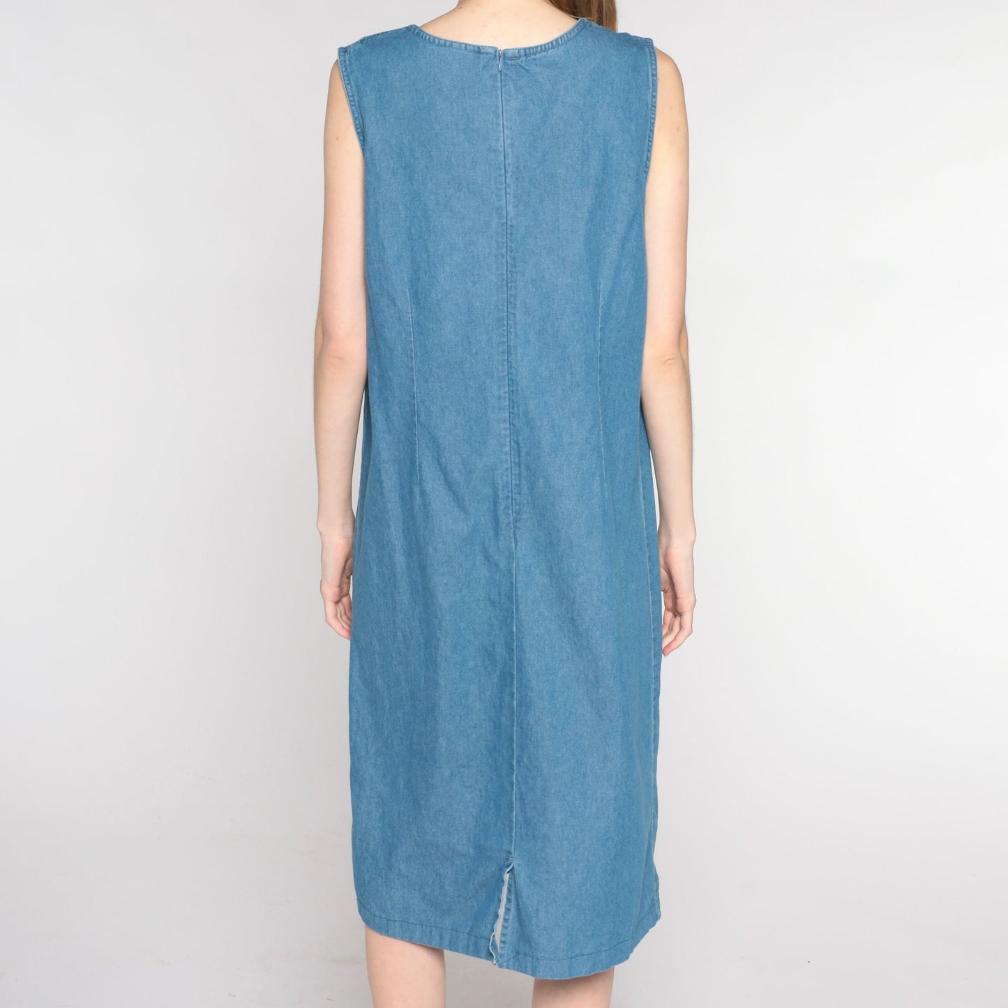 00s Blue Denim Midi Dress Floral Embroidered Sleeveless Jumper Small Medium