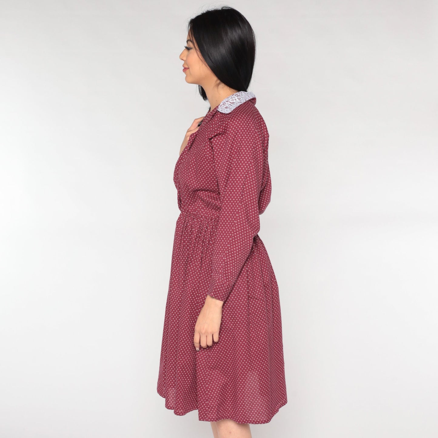 80s Burgundy Midi Shirtdress Lace Collar Geometric Button-Up Small Medium