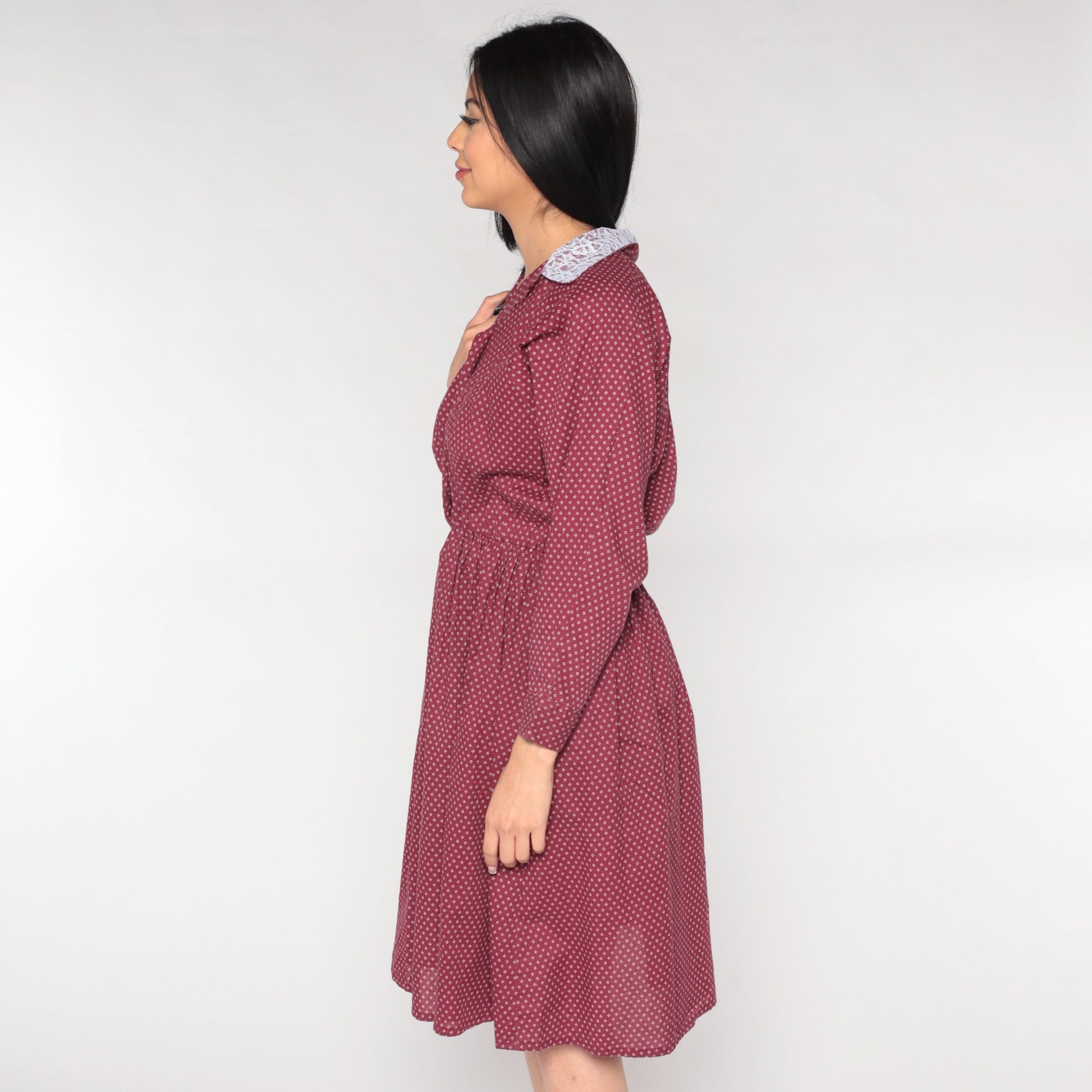 80s Burgundy Midi Shirtdress Lace Collar Geometric Button-Up Small Medium