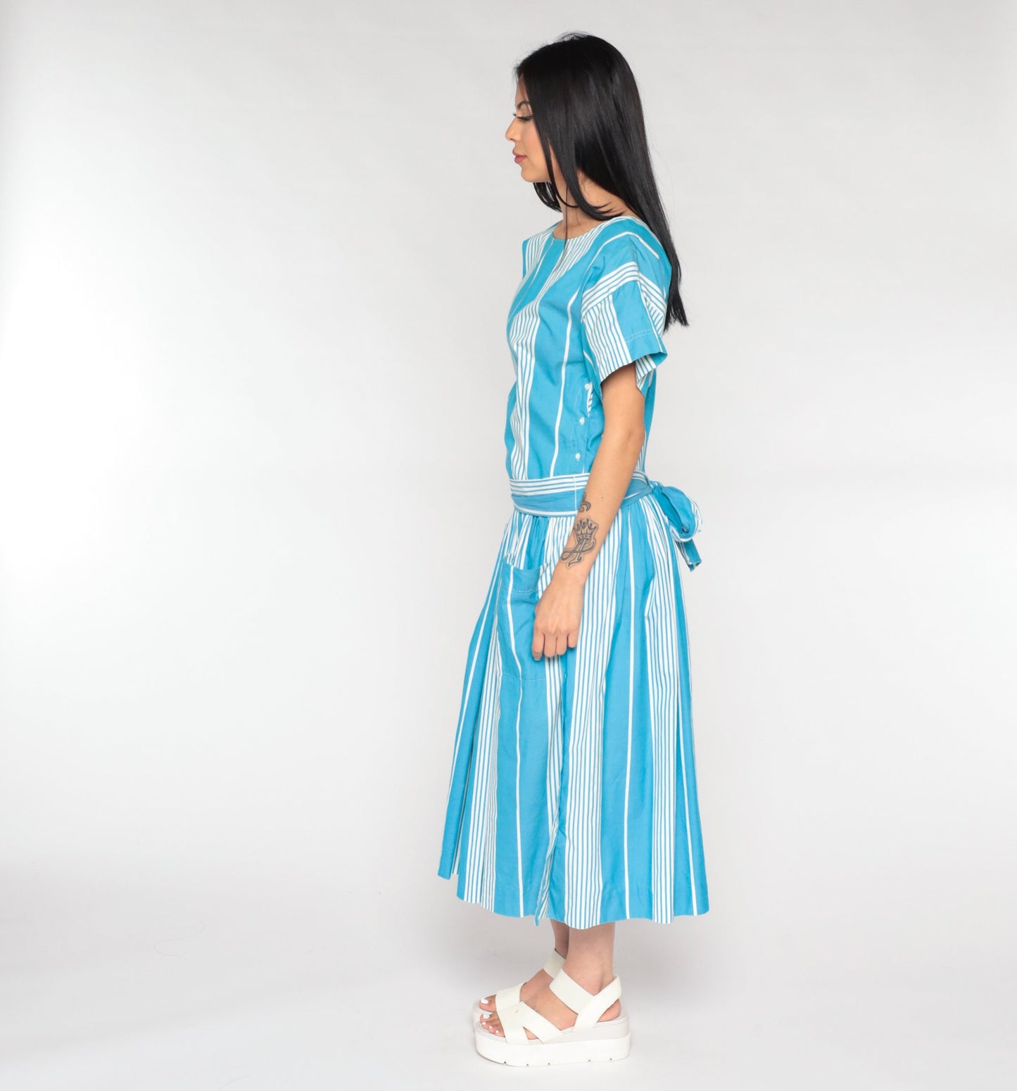 80s Nicole Miller Striped Midi Dress Drop Waist Blue White Cotton Medium 8