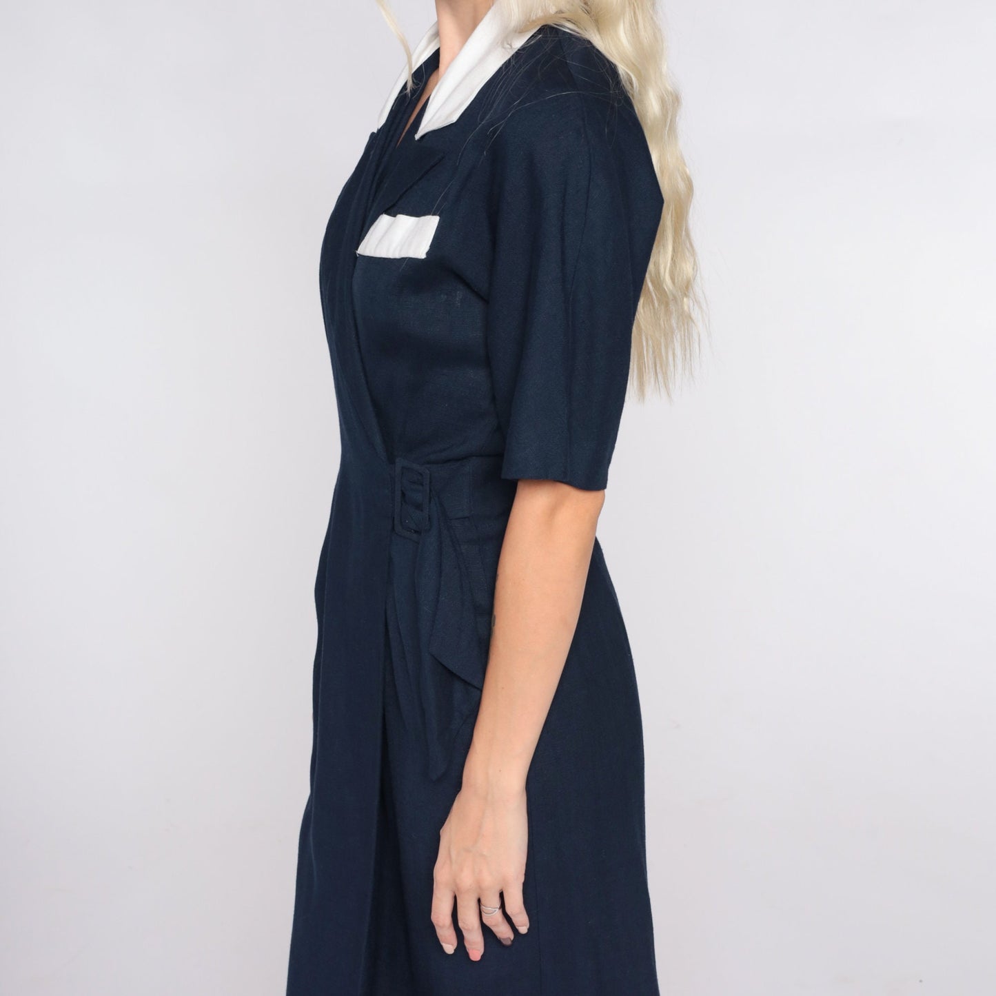 90s Navy Wrap Dress White Collar Mini Buckle Pencil Small