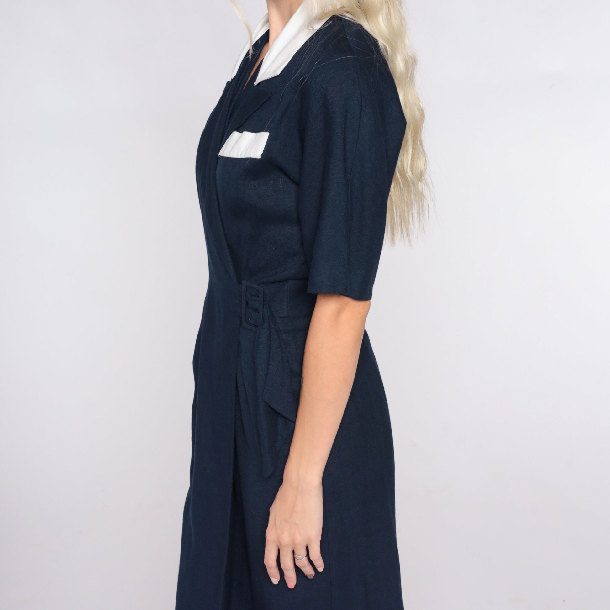 90s Navy Wrap Dress White Collar Mini Buckle Pencil Small