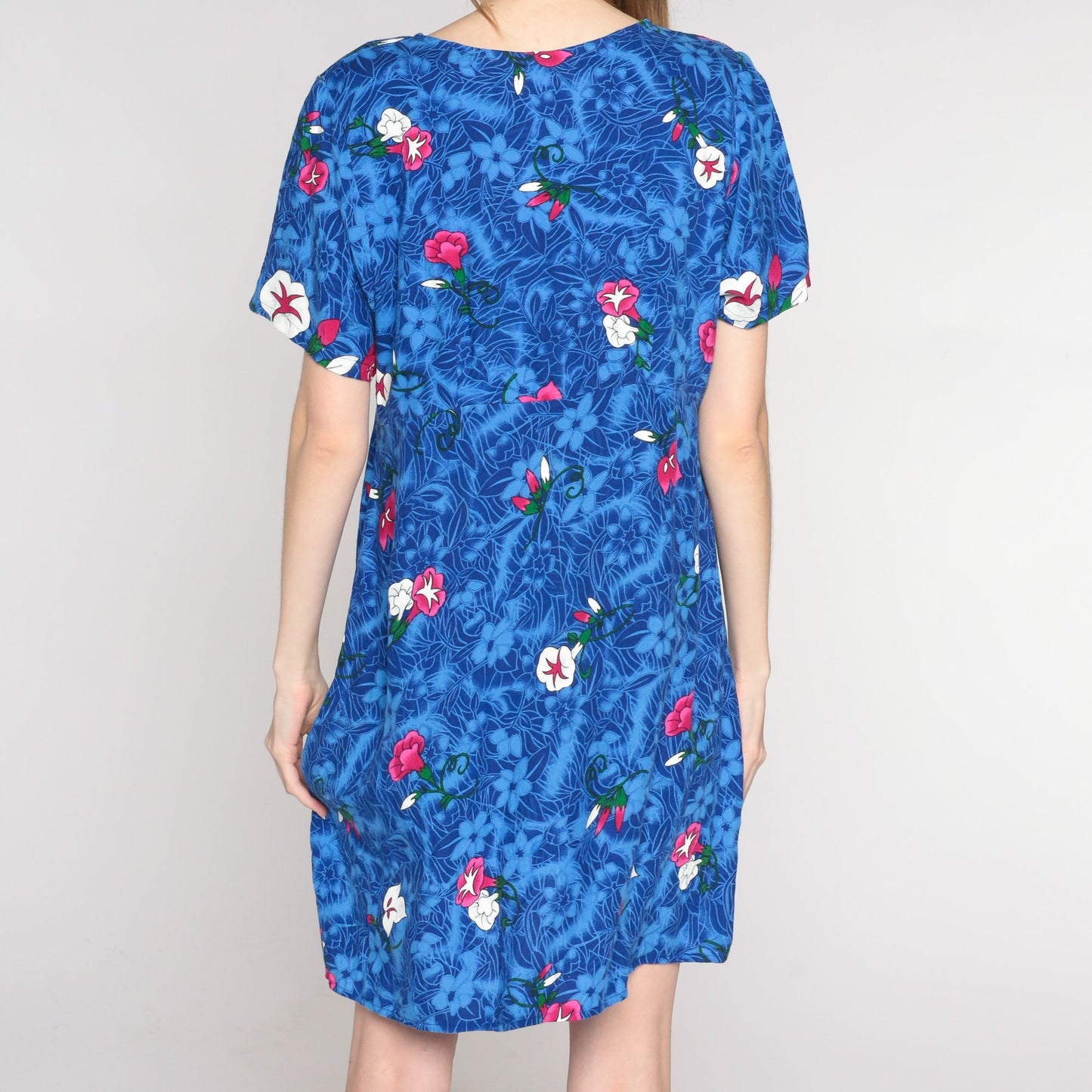 Y2K Tropical Floral Mini Dress Blue Rayon Empire Waist V-Neck Medium M