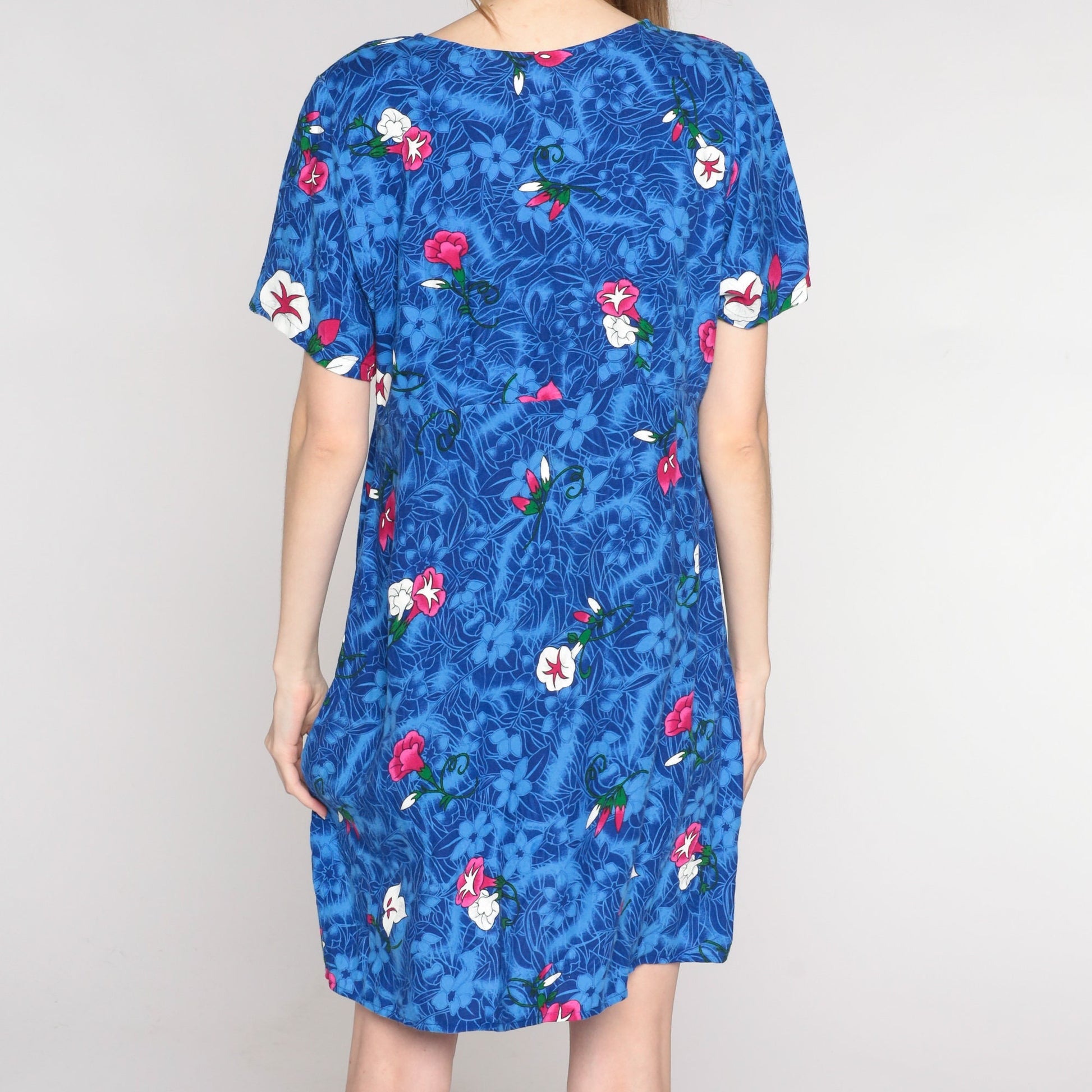 Y2K Tropical Floral Mini Dress Blue Rayon Empire Waist V-Neck Medium M