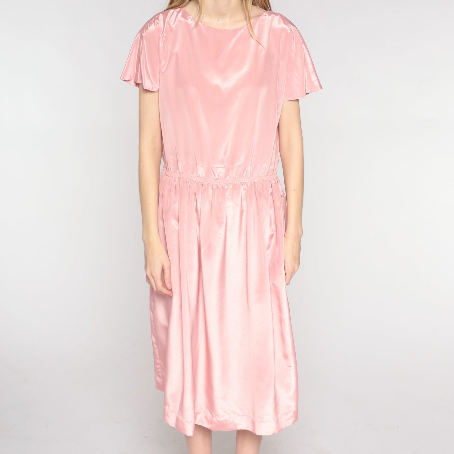 80s Pink Midi Dress Flutter Sleeve Blouson Bodice Keyhole Back Medium