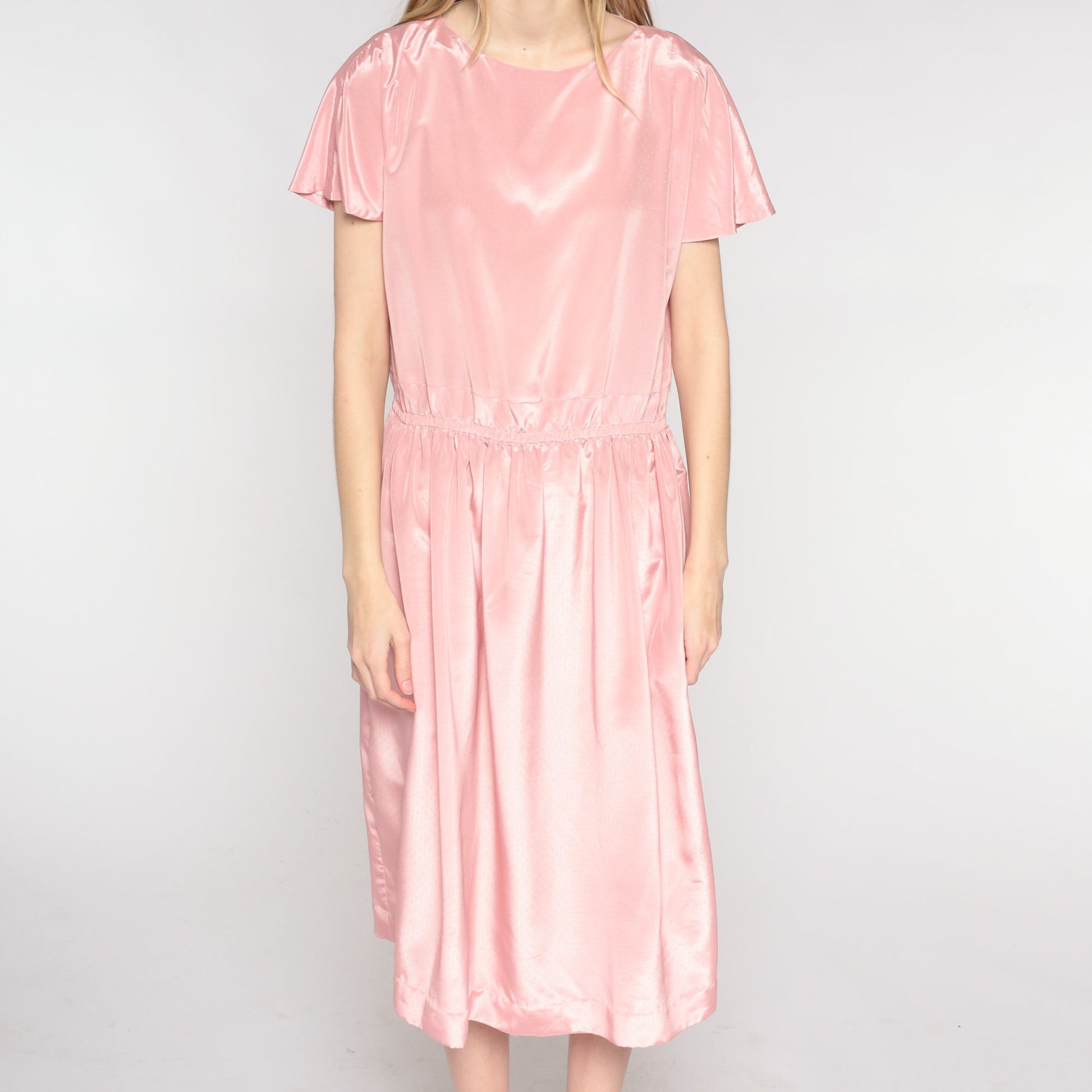 80s Pink Midi Dress Flutter Sleeve Blouson Bodice Keyhole Back Medium