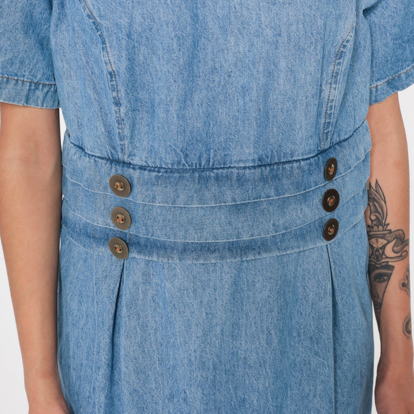 90s Fore Warned Denim Maxi Dress Blue Princess Seam Short Sleeve Large 14