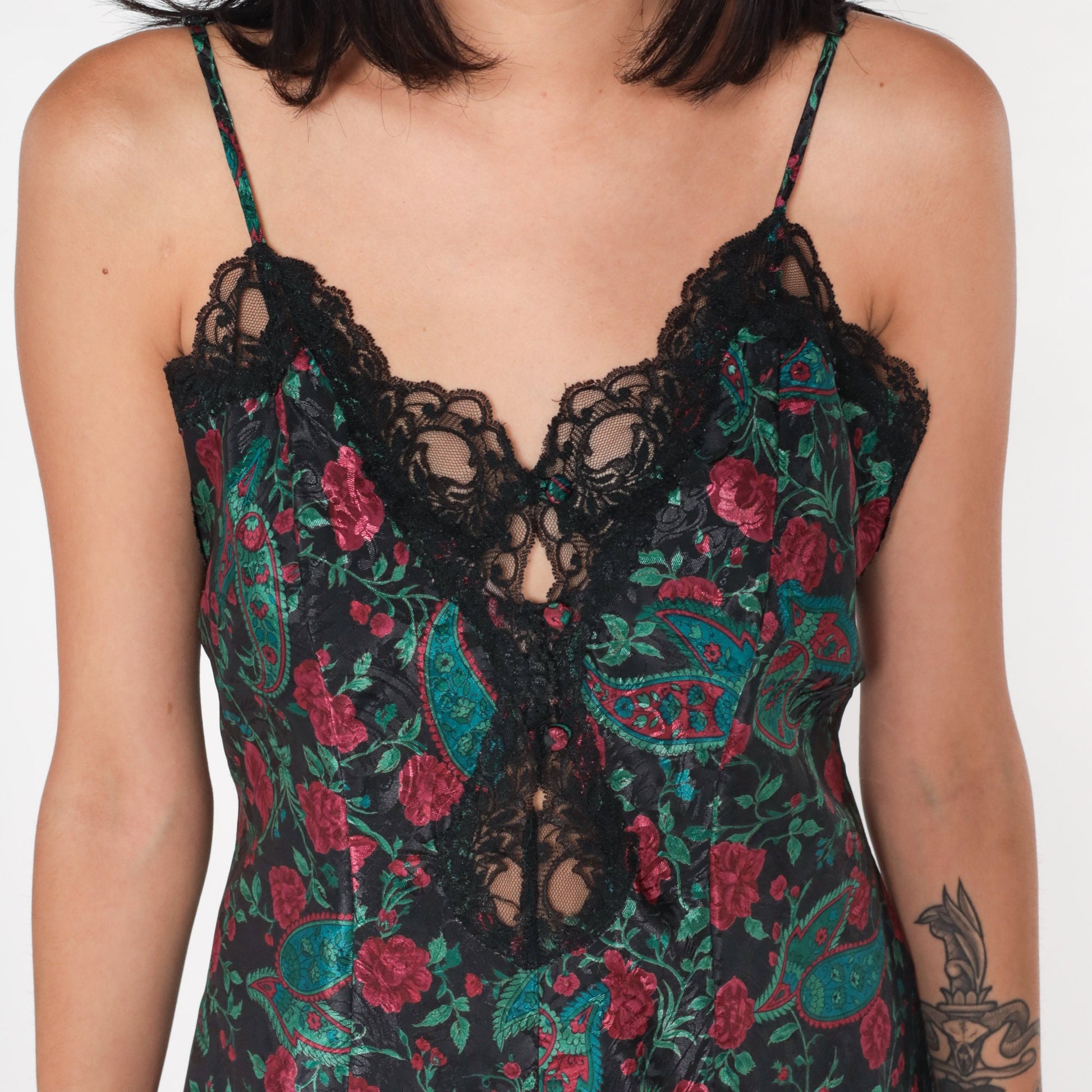 90s Floral Paisley Teddy Bodysuit Black Lace Trim Spaghetti Strap Small