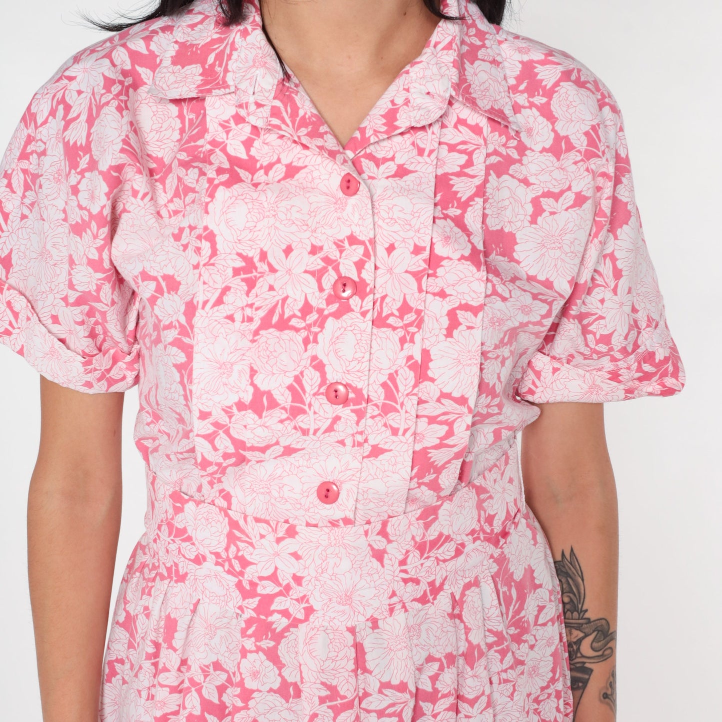 90s Floral Midi Dress Pink White Button-Up Short Sleeve Medium 8