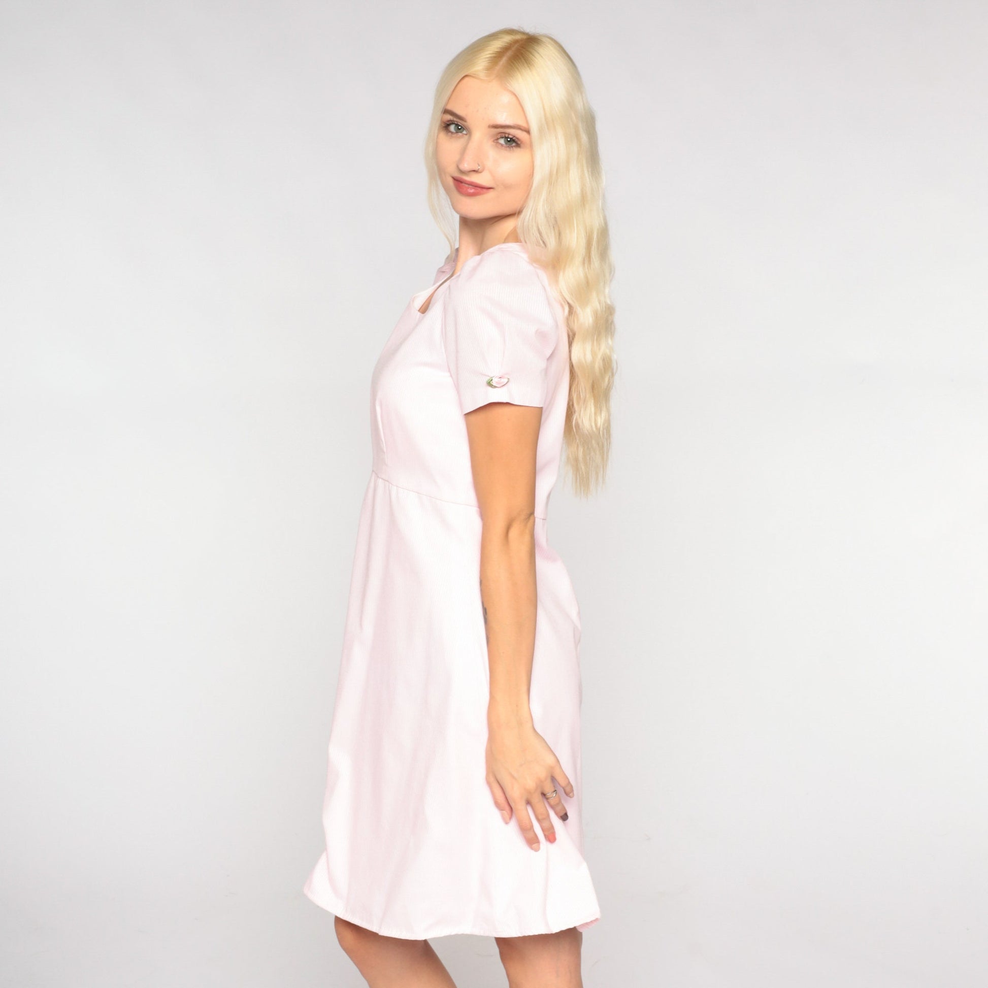 80s Baby Pink Mini Dress Empire Waist Puff Sleeve Rosette Extra Small