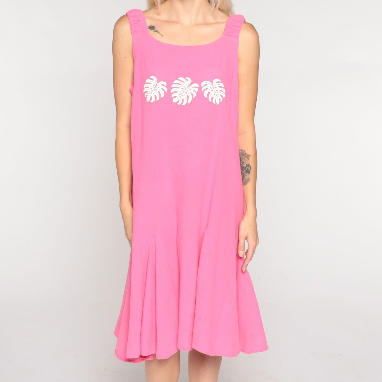 Y2K Pink Tropical Leaf Tank Dress Knee-Length Cotton Medium M