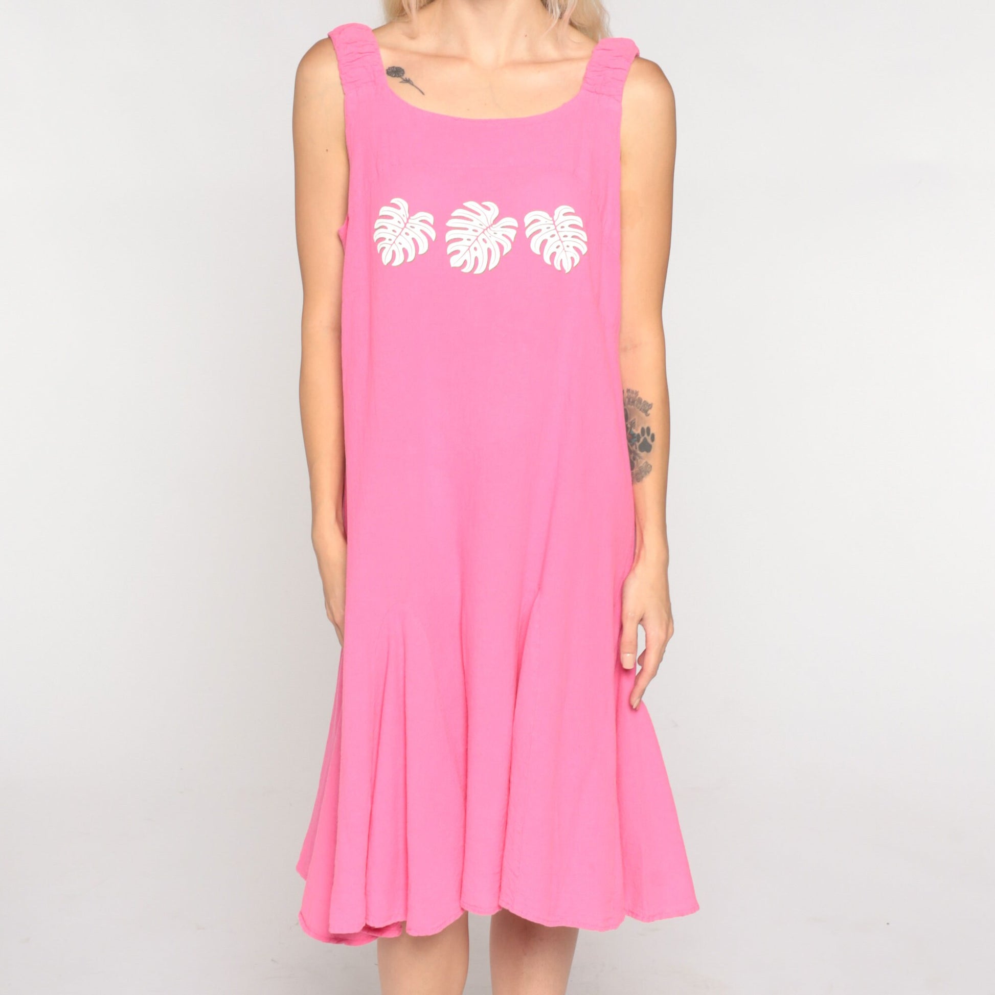 Y2K Pink Tropical Leaf Tank Dress Knee-Length Cotton Medium M