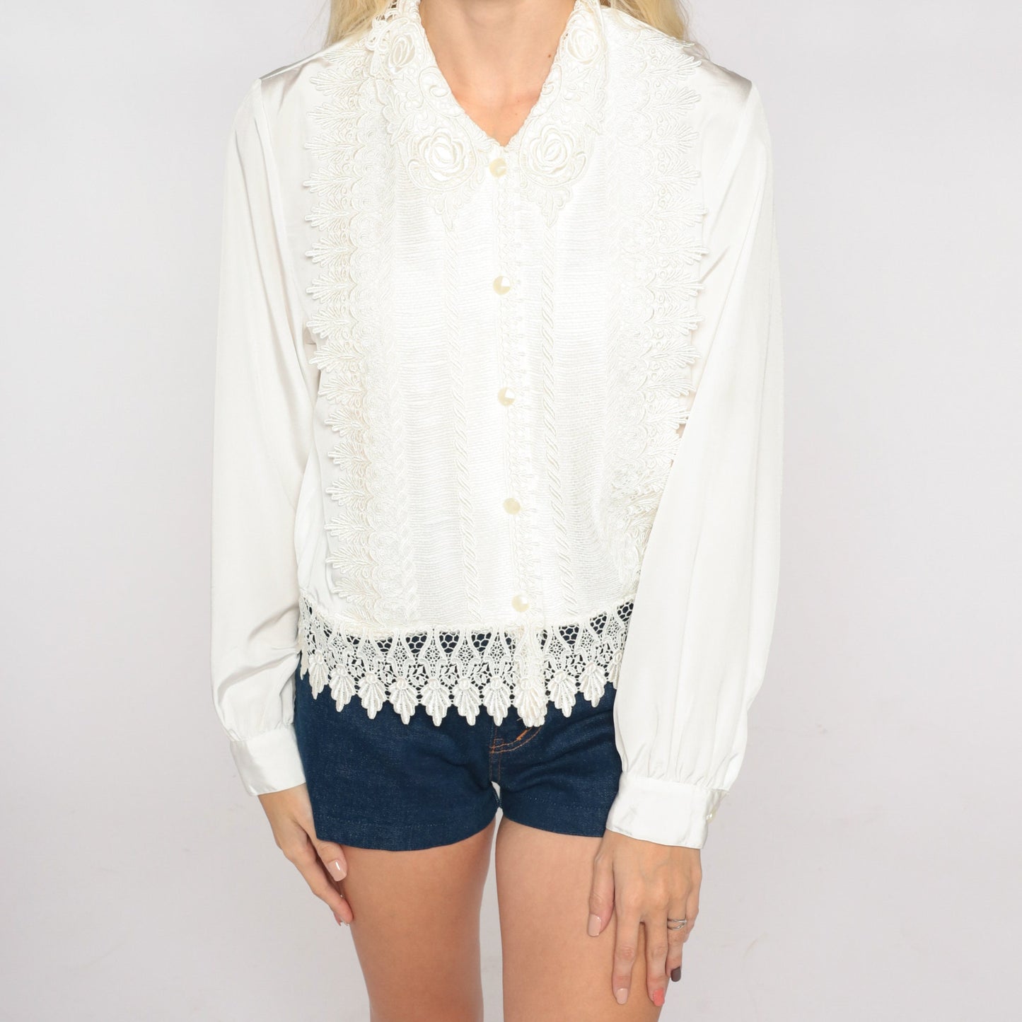 00s White Lace Floral Overlay Blouse Long Sleeve Button Up Medium M