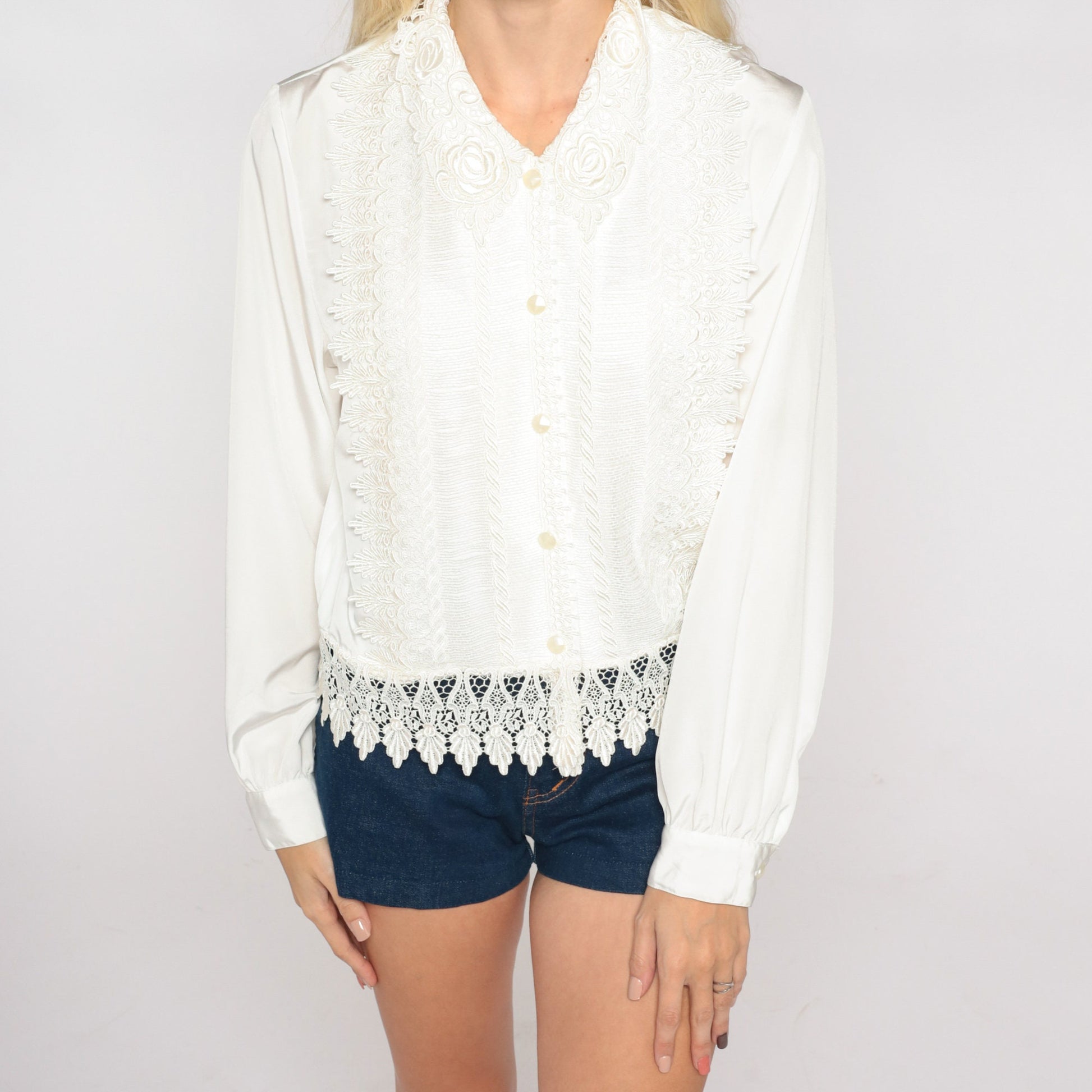 00s White Lace Floral Overlay Blouse Long Sleeve Button Up Medium M